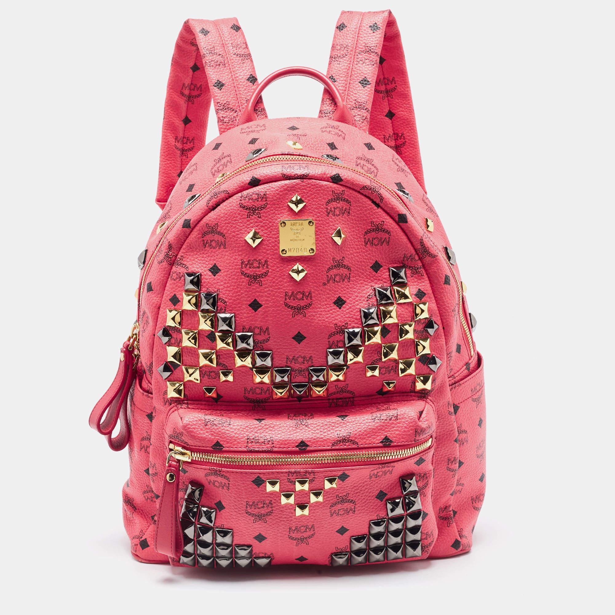 MCM Pink Visetos Coated Canvas and Leather Studs Backpack 4