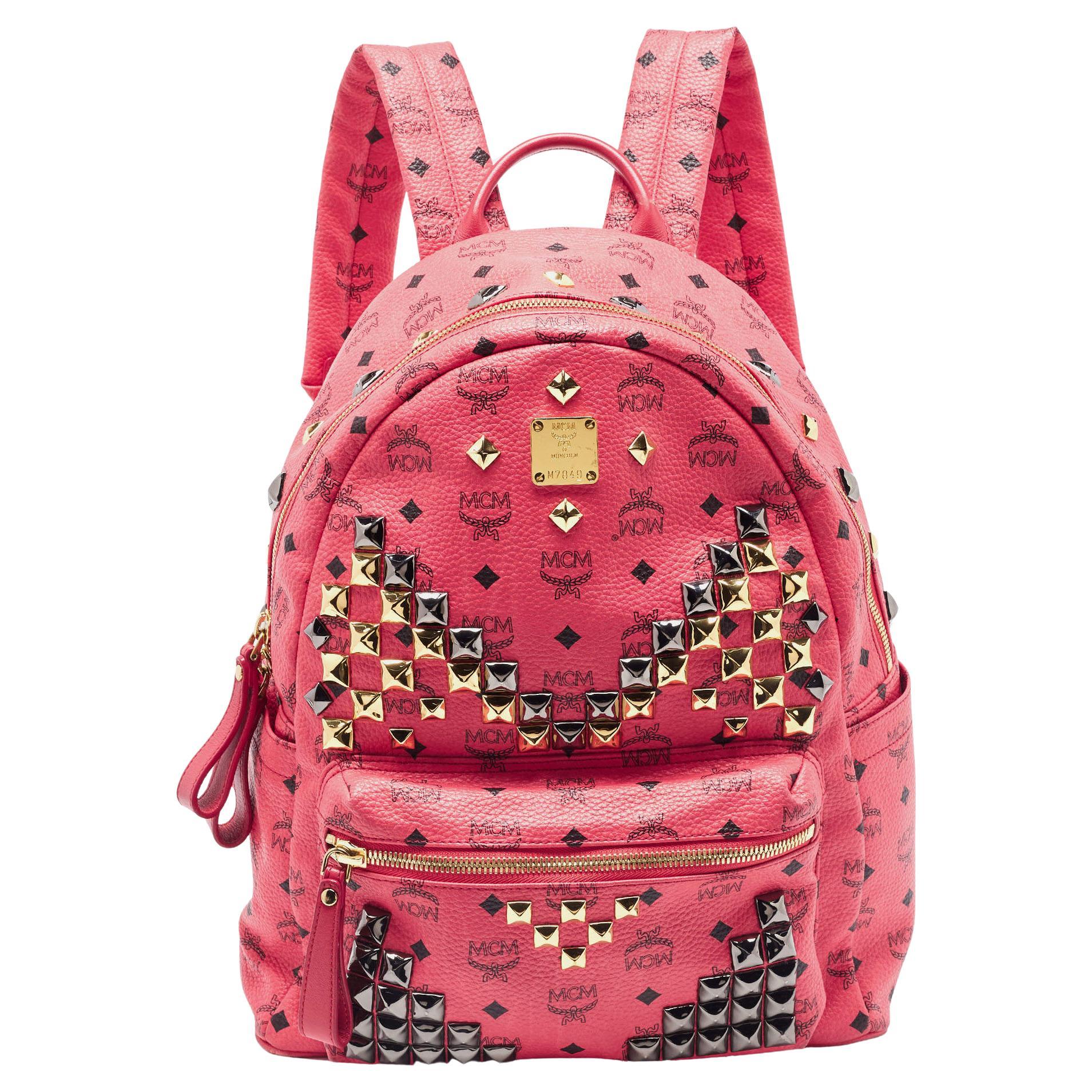 MCM Pink Visetos Coated Canvas and Leather Studs Backpack