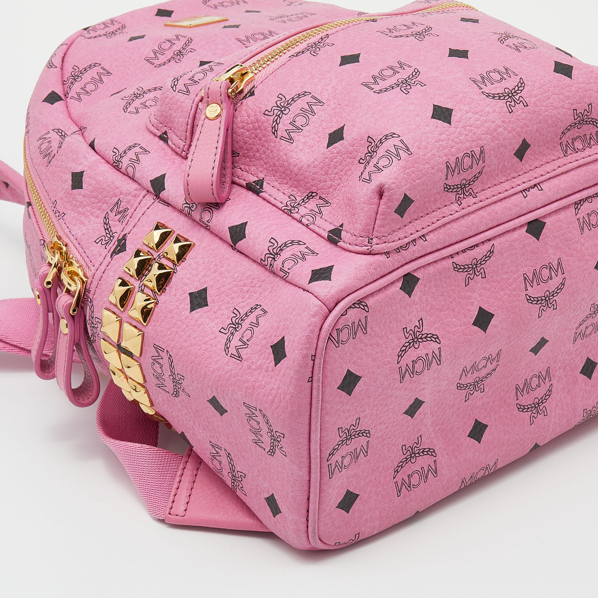 MCM Pink Visetos Studded Coated Canvas Stark Backpack 2