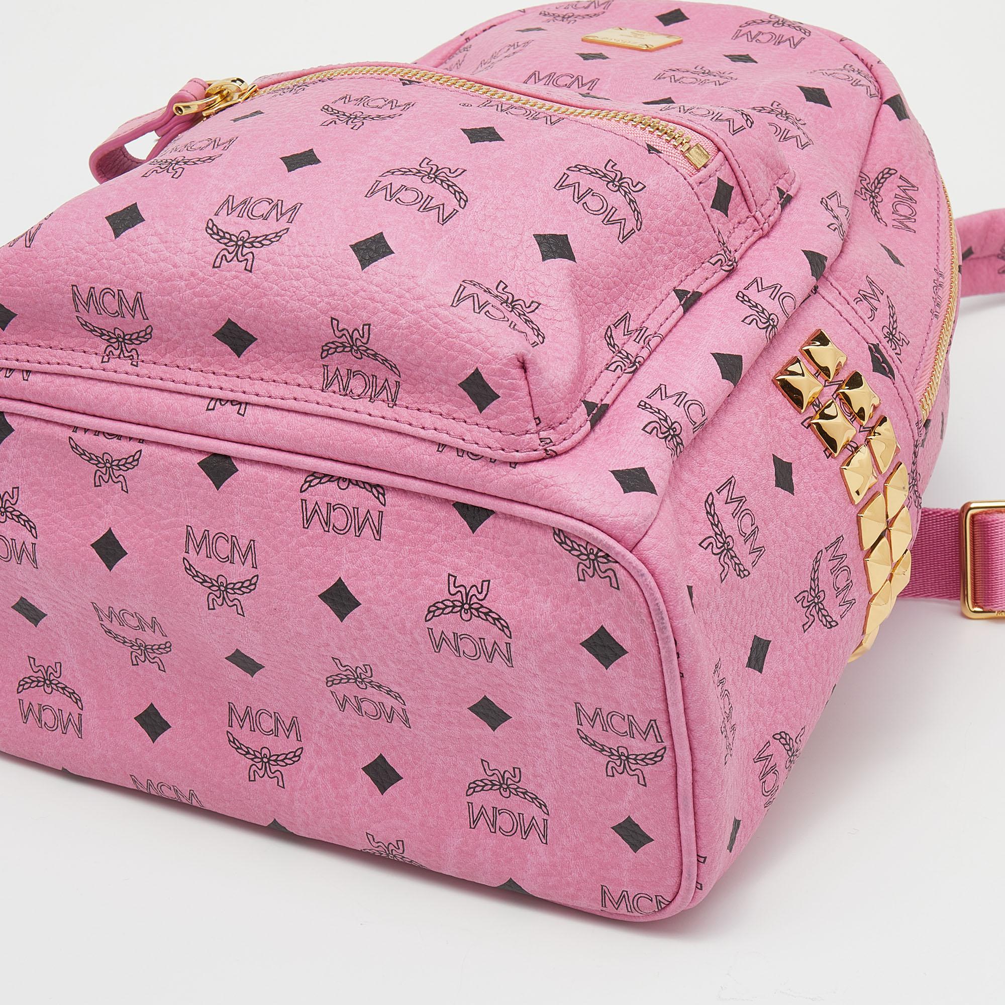 MCM Pink Visetos Studded Coated Canvas Stark Backpack 3
