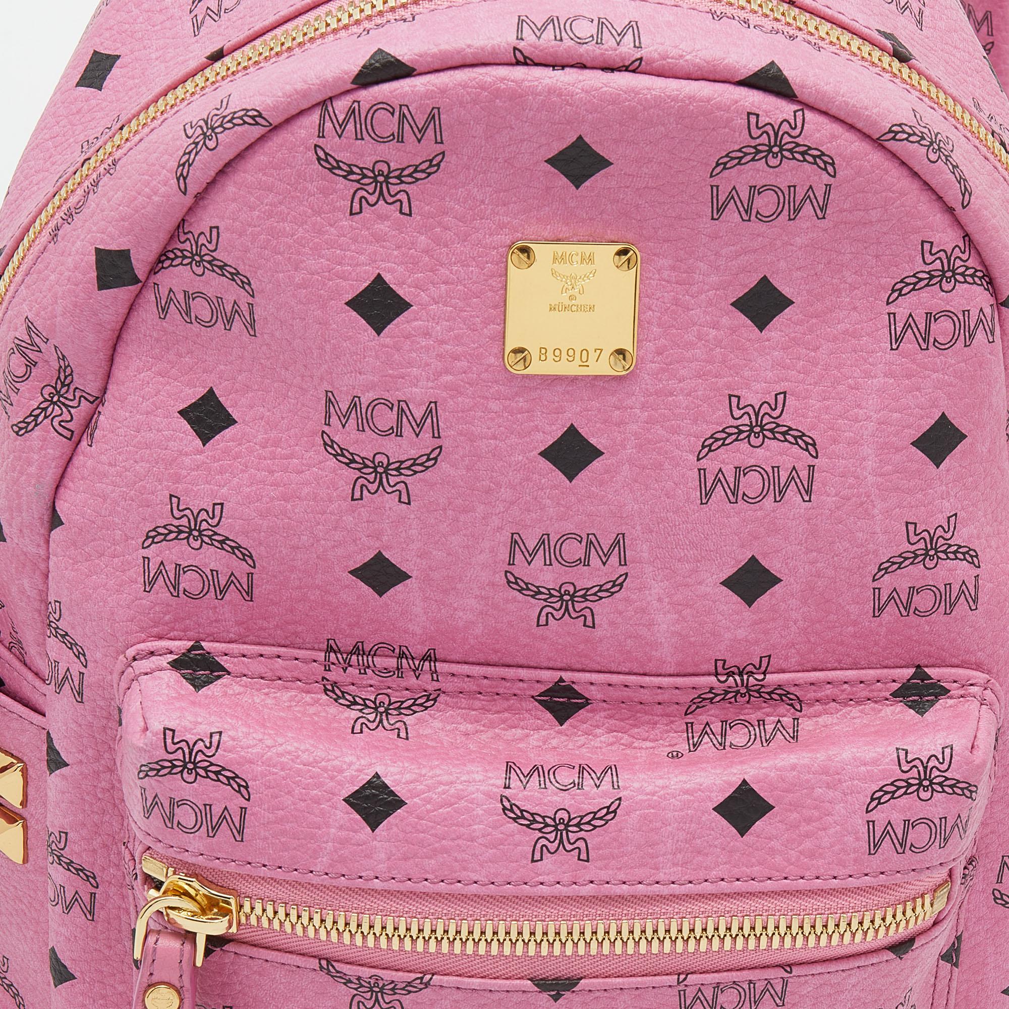 MCM Pink Visetos Studded Coated Canvas Stark Backpack 1
