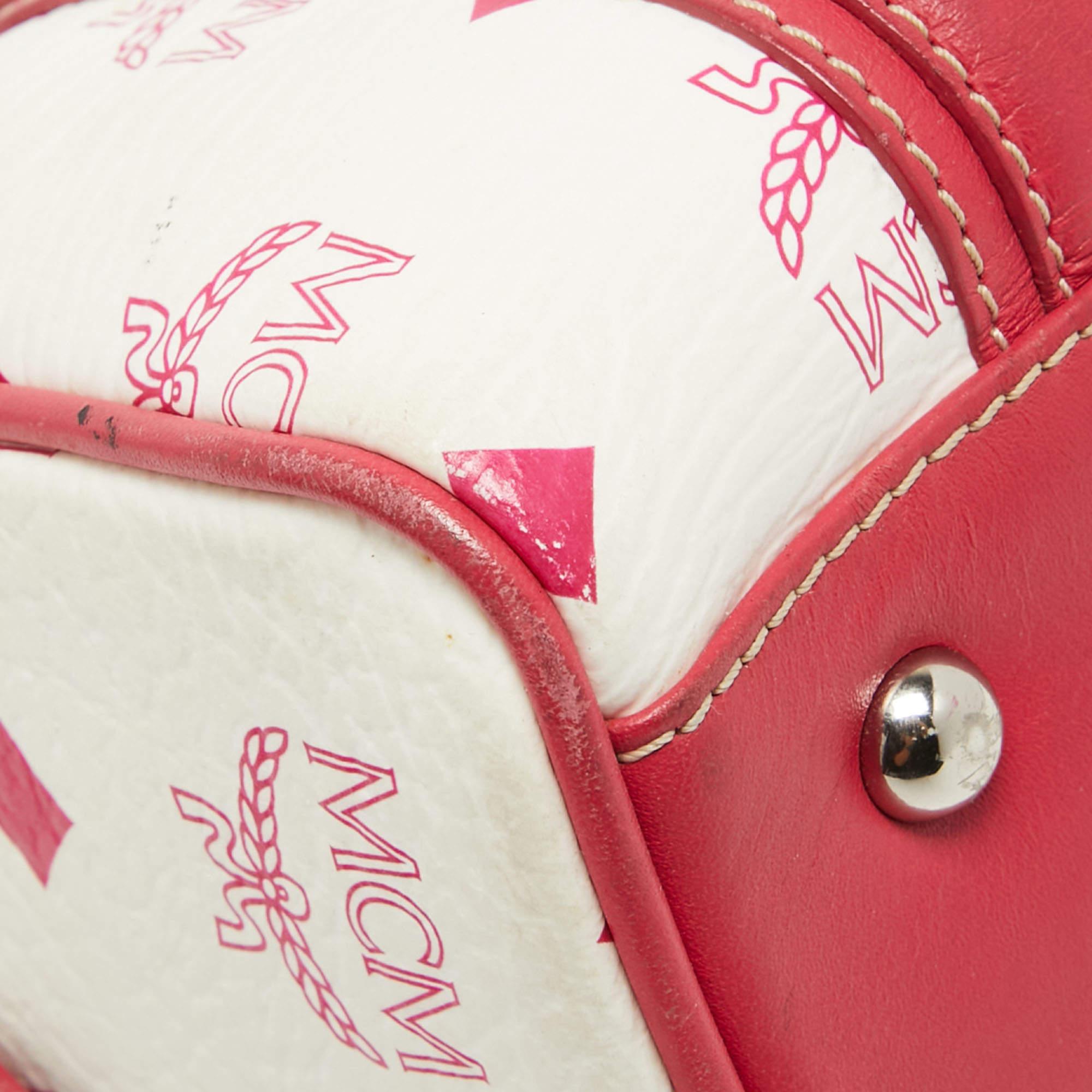 MCM Pink/White Visetos Coated Canvas and Leather Charm Boston Bag 6