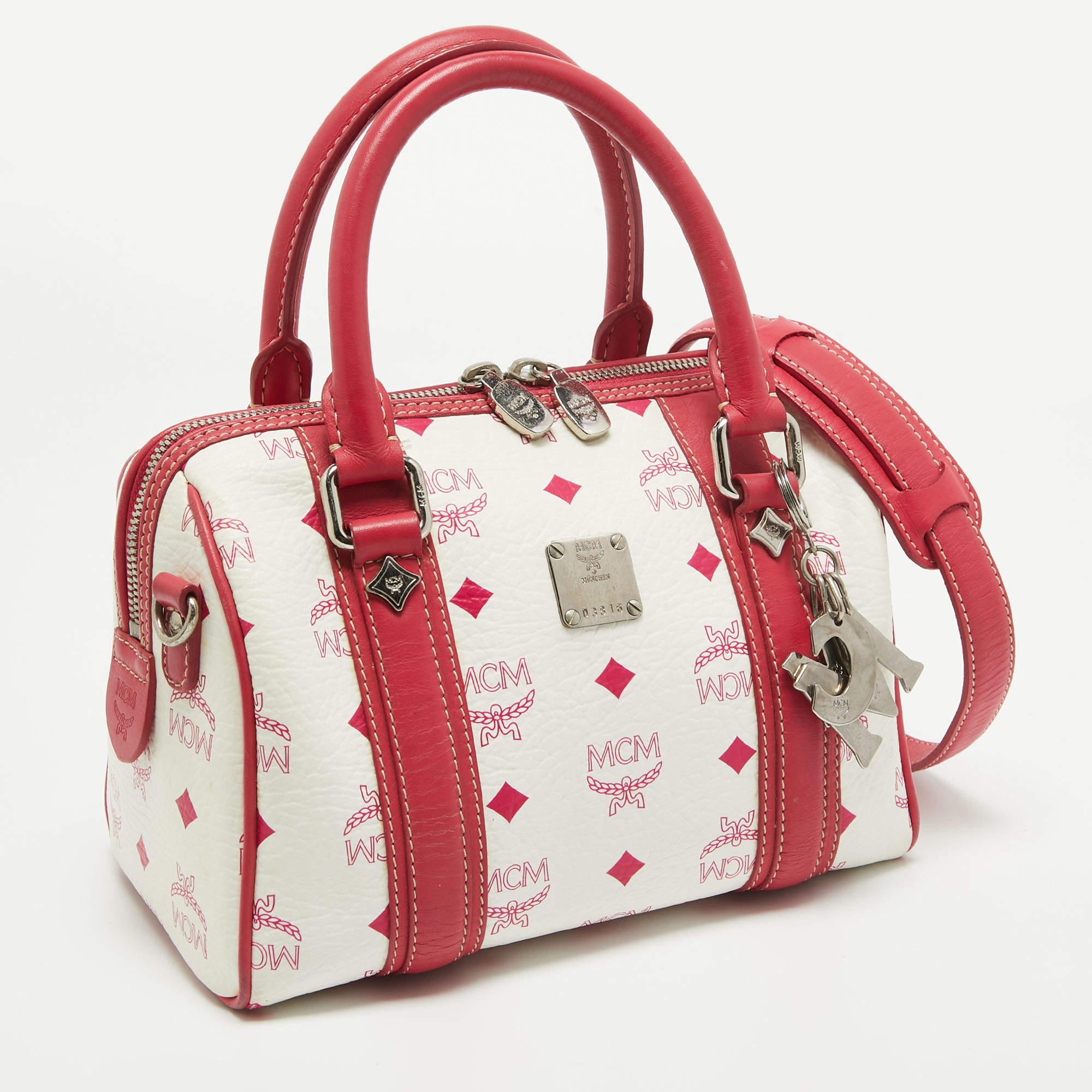 MCM Pink/White Visetos Coated Canvas and Leather Charm Boston Bag In Fair Condition In Dubai, Al Qouz 2