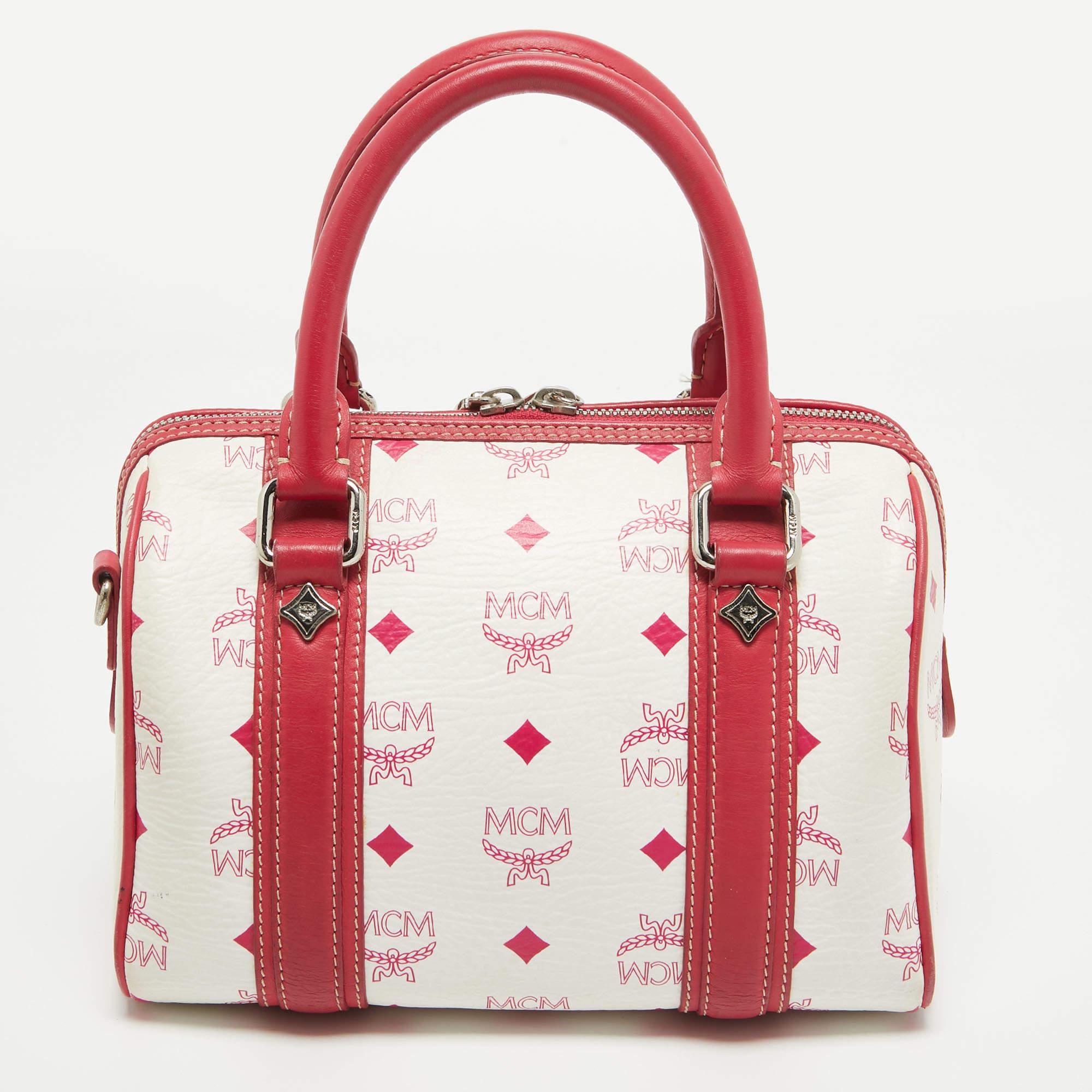 Women's MCM Pink/White Visetos Coated Canvas and Leather Charm Boston Bag