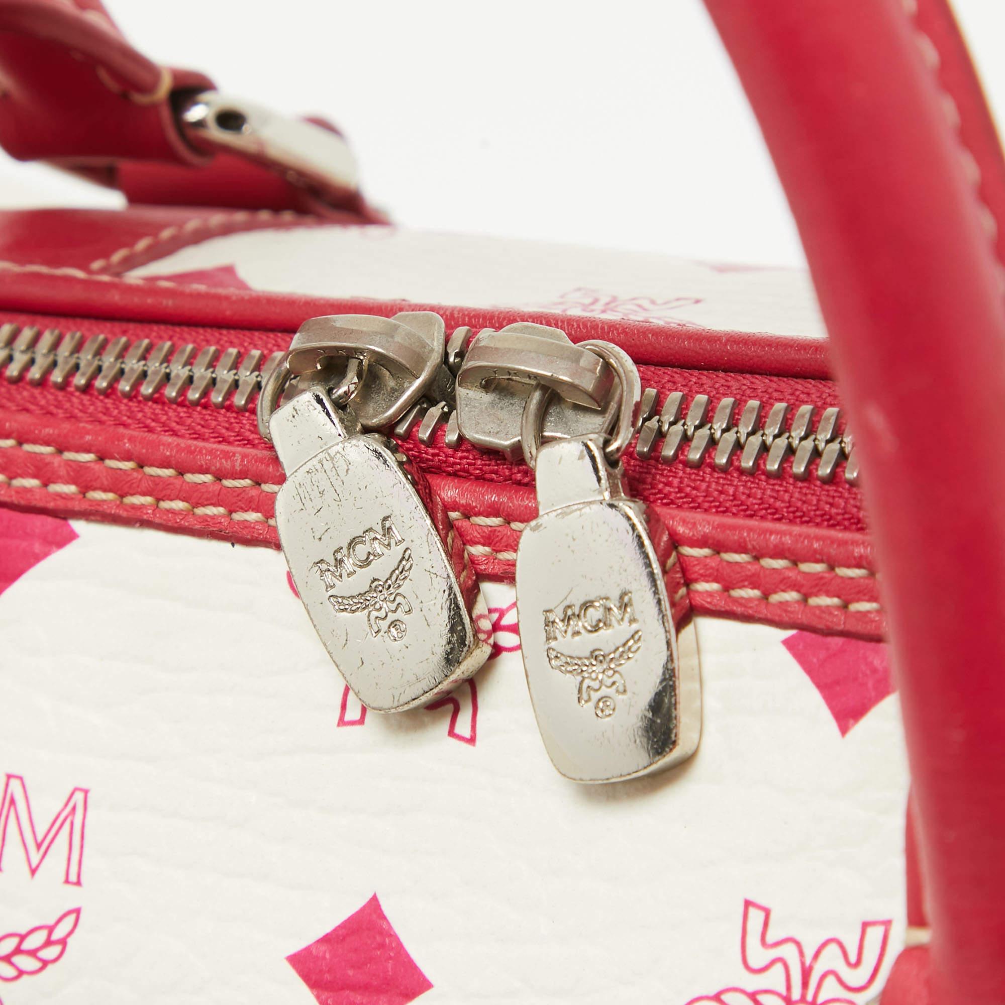 MCM Pink/White Visetos Coated Canvas and Leather Charm Boston Bag 3
