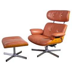 MCM Plycraft Lounge Chair & Ottoman in Saddle Color Italian Leather Attributed