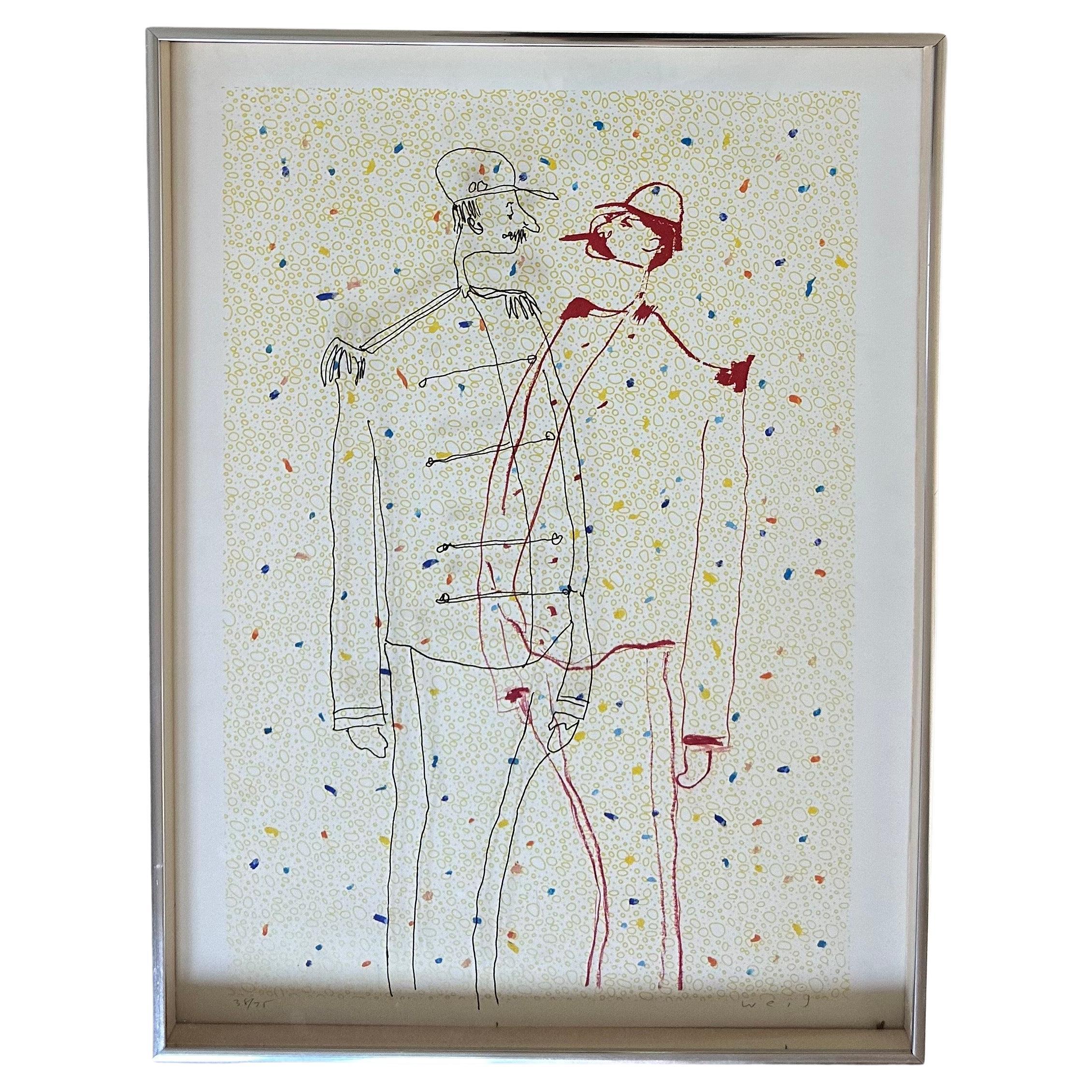 Limitierte Auflage einer Pop-Art-Lithografie von Robert Weil, ca. Ende der 1970er Jahre. Dies ist ein einzigartiges zweidimensionales Stück Schattenbox, wo die Figur auf der rechten Seite in braun ist umgekehrt auf dem Glas des Stückes gemalt. 