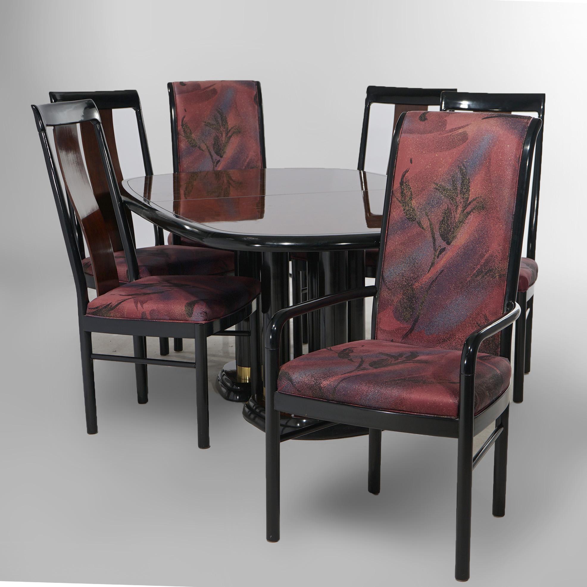 Mid-Century Modern MCM Profiles by Drexel Mahogany & Ebonized Table w/Two Leaves & Six Chairs 20thC For Sale