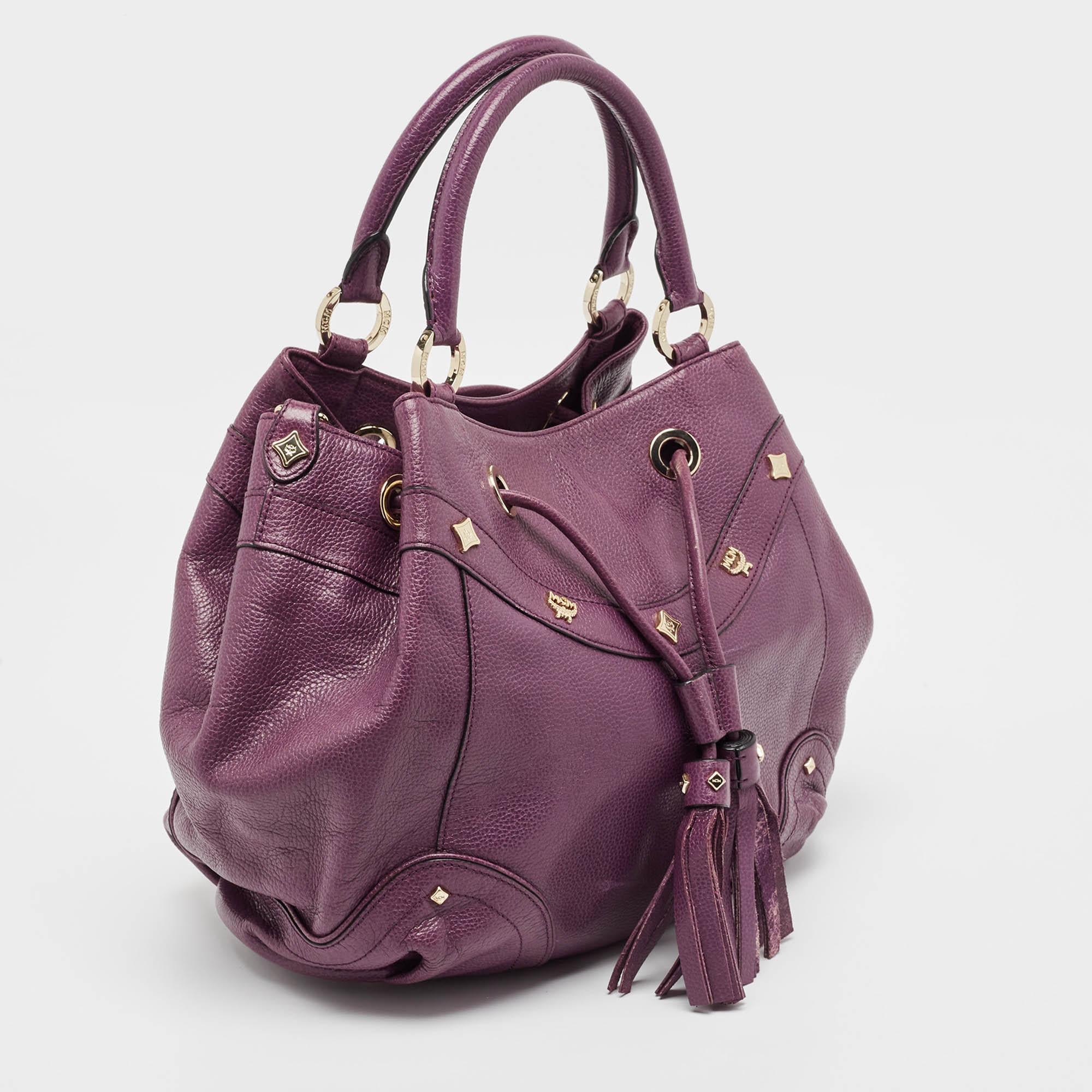 Gray MCM Purple Leather Studded Drawstring Shoulder Bag For Sale