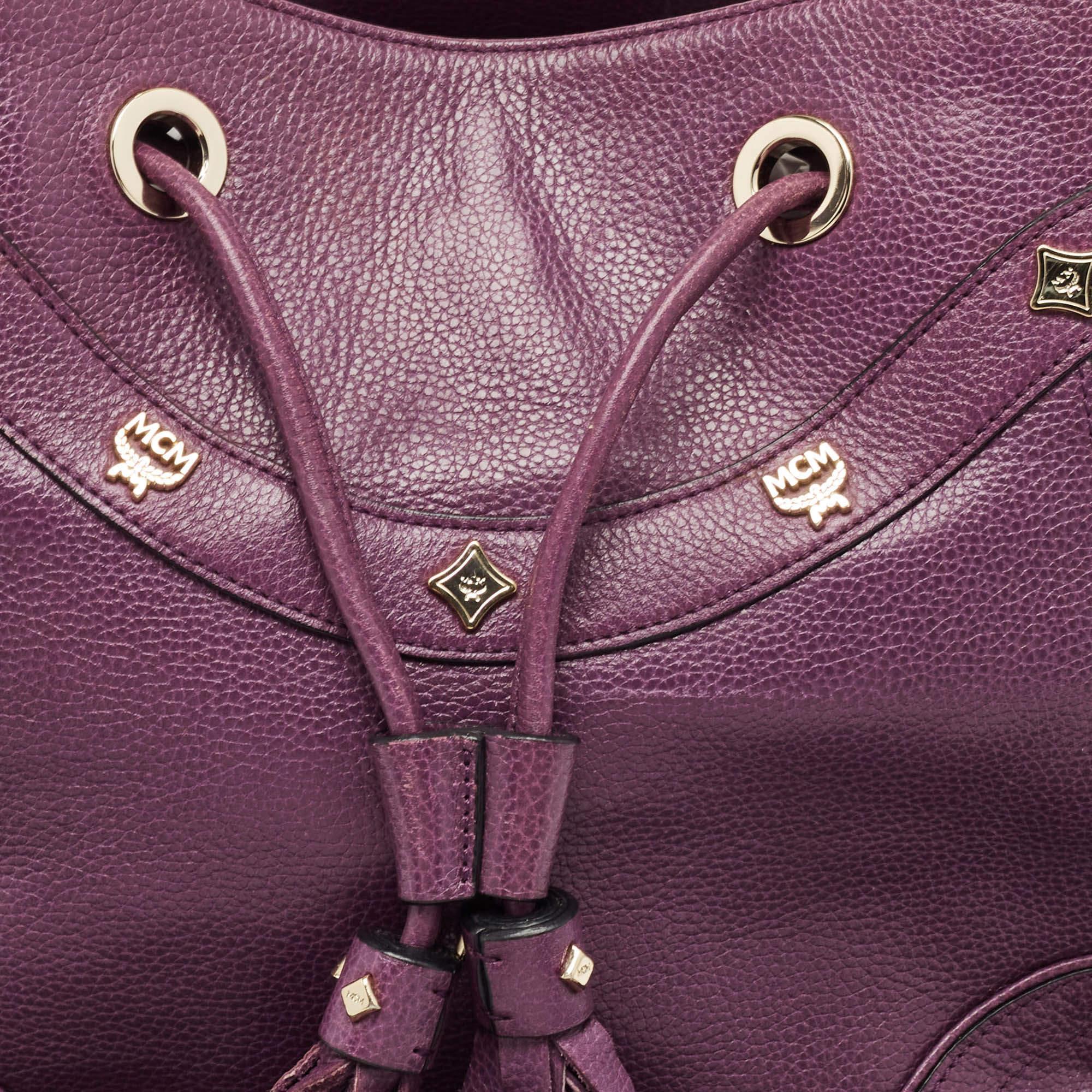 Women's MCM Purple Leather Studded Drawstring Shoulder Bag For Sale
