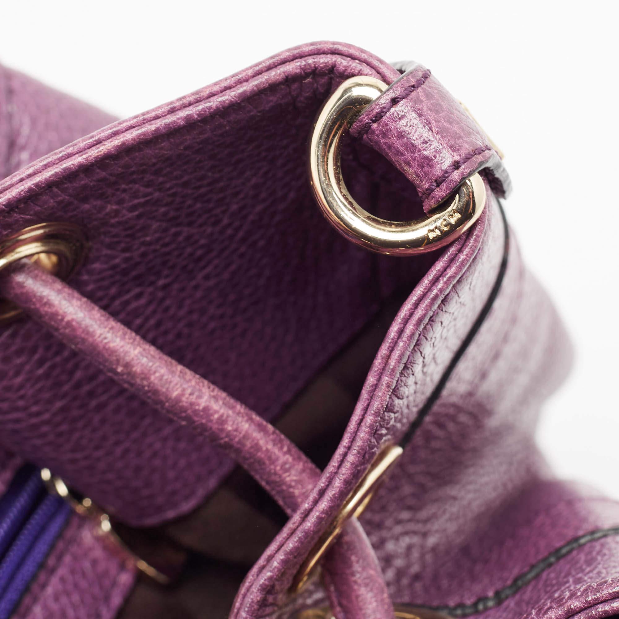 MCM Purple Leather Studded Drawstring Shoulder Bag For Sale 1