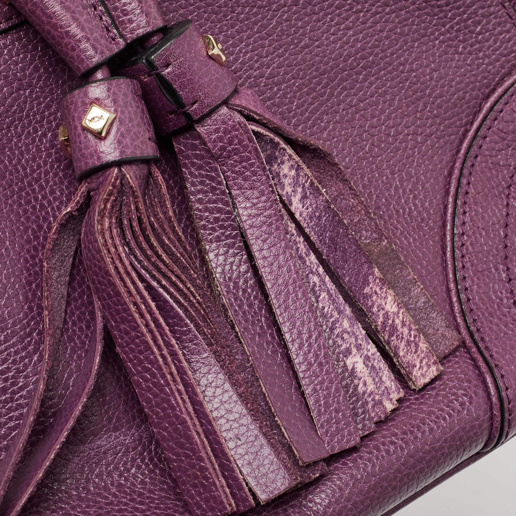 MCM Purple Leather Studded Drawstring Shoulder Bag For Sale 3
