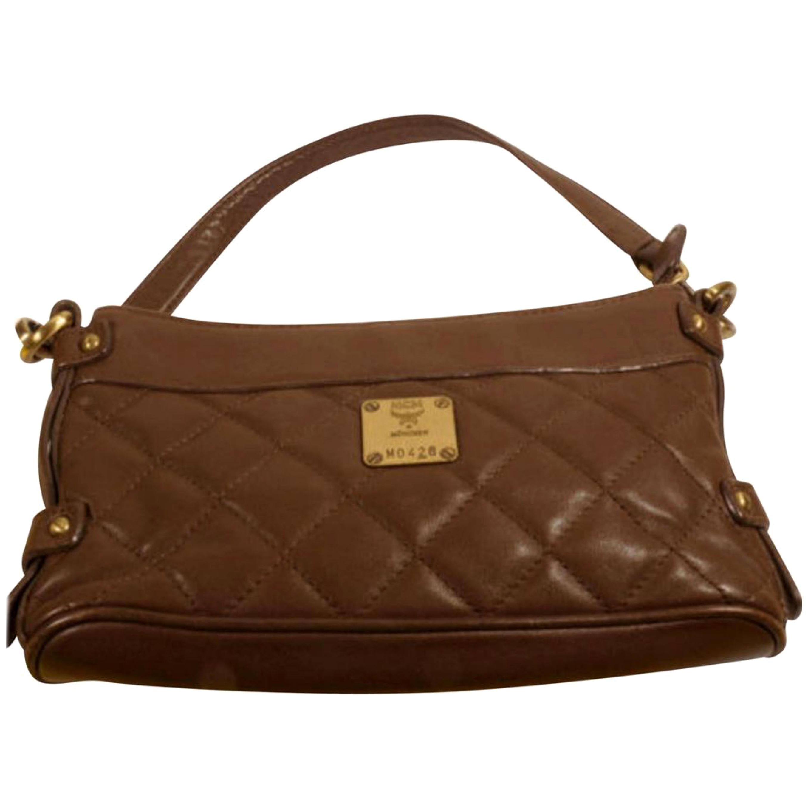 MCM Quilted Baguette 869321 Brown Leather Shoulder Bag For Sale