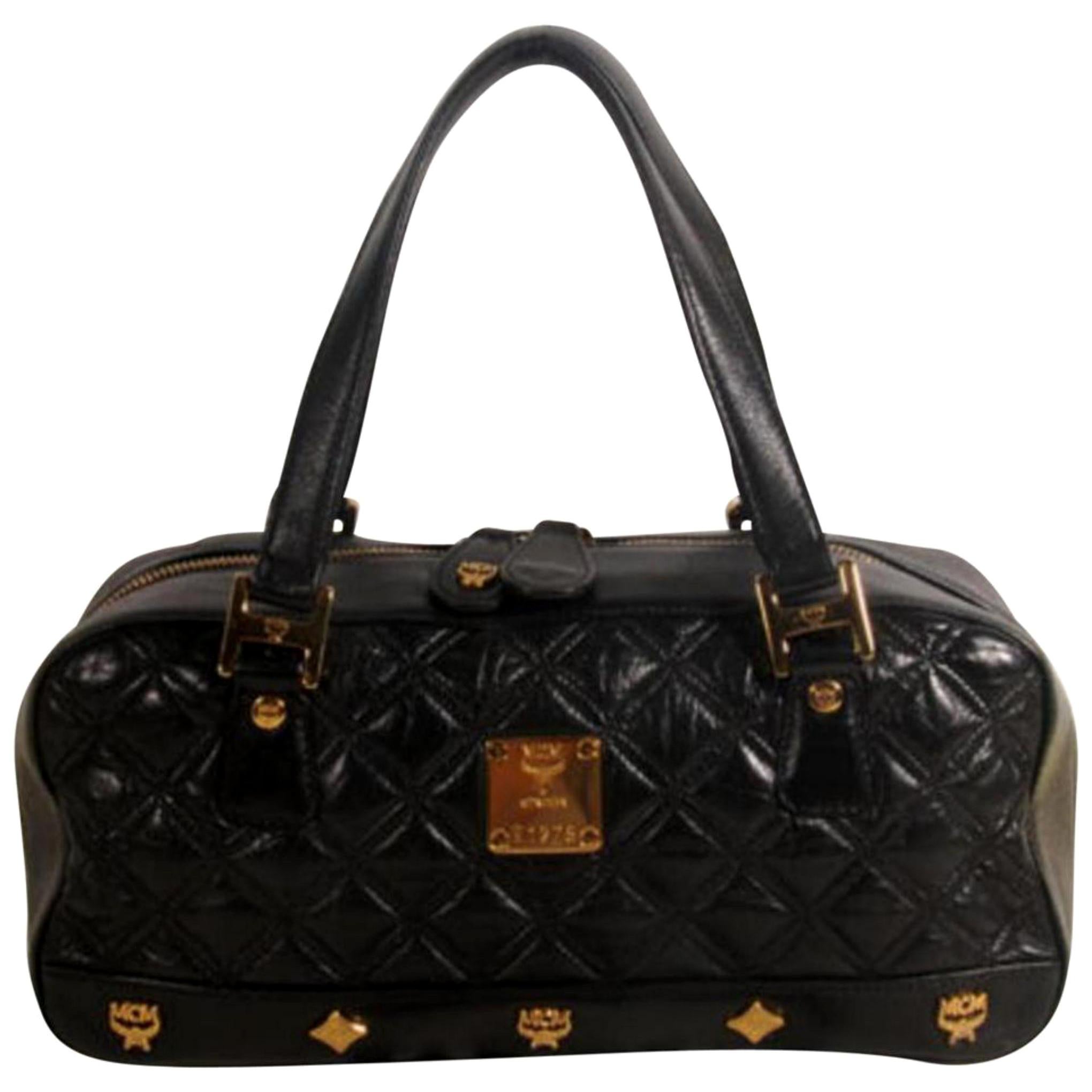 MCM Quilted Boston 869701 Black Leather Shoulder Bag For Sale