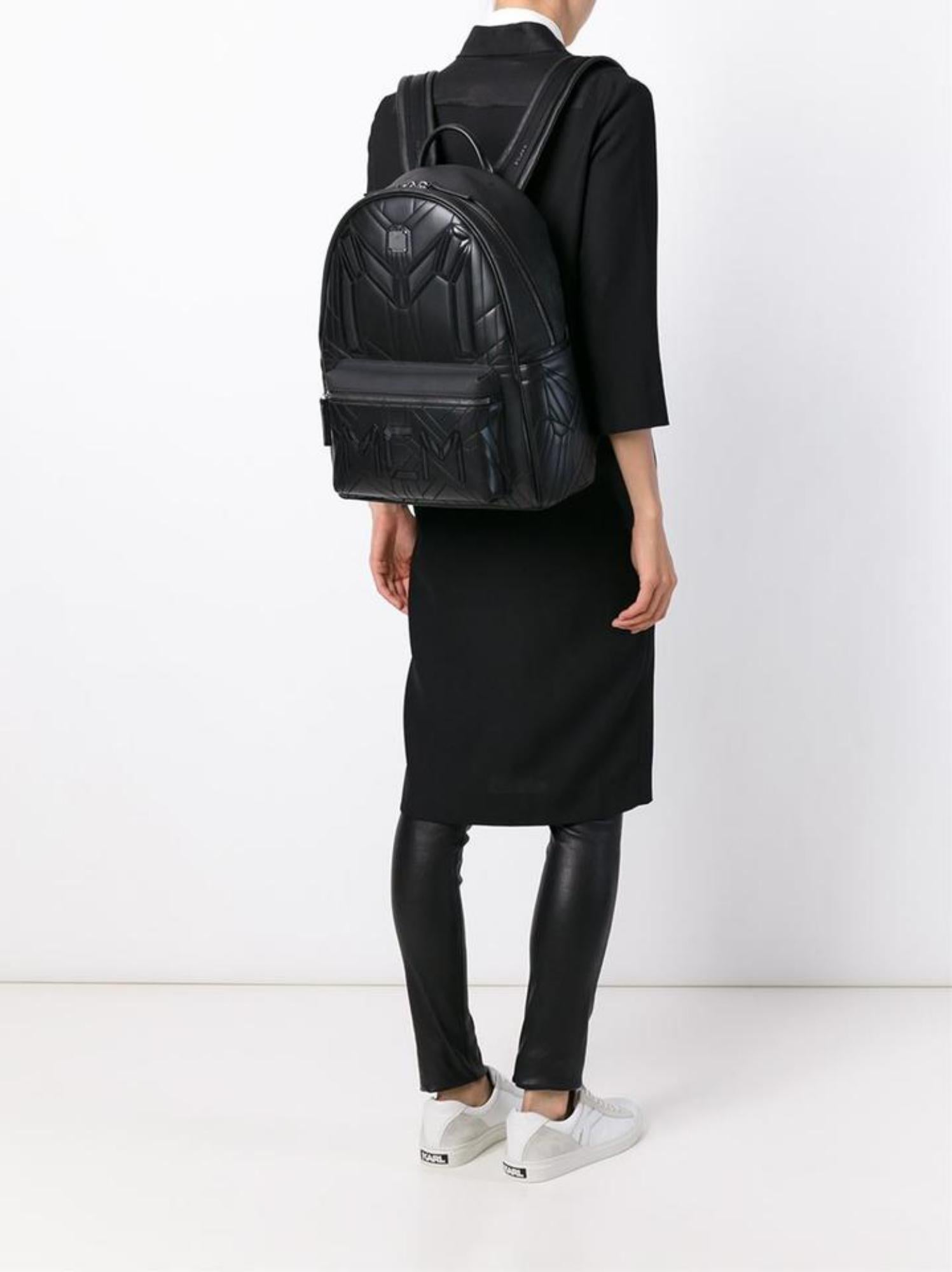MCM Quilted Embossed Bionic 232006 Black Leather Backpack In Excellent Condition For Sale In Forest Hills, NY