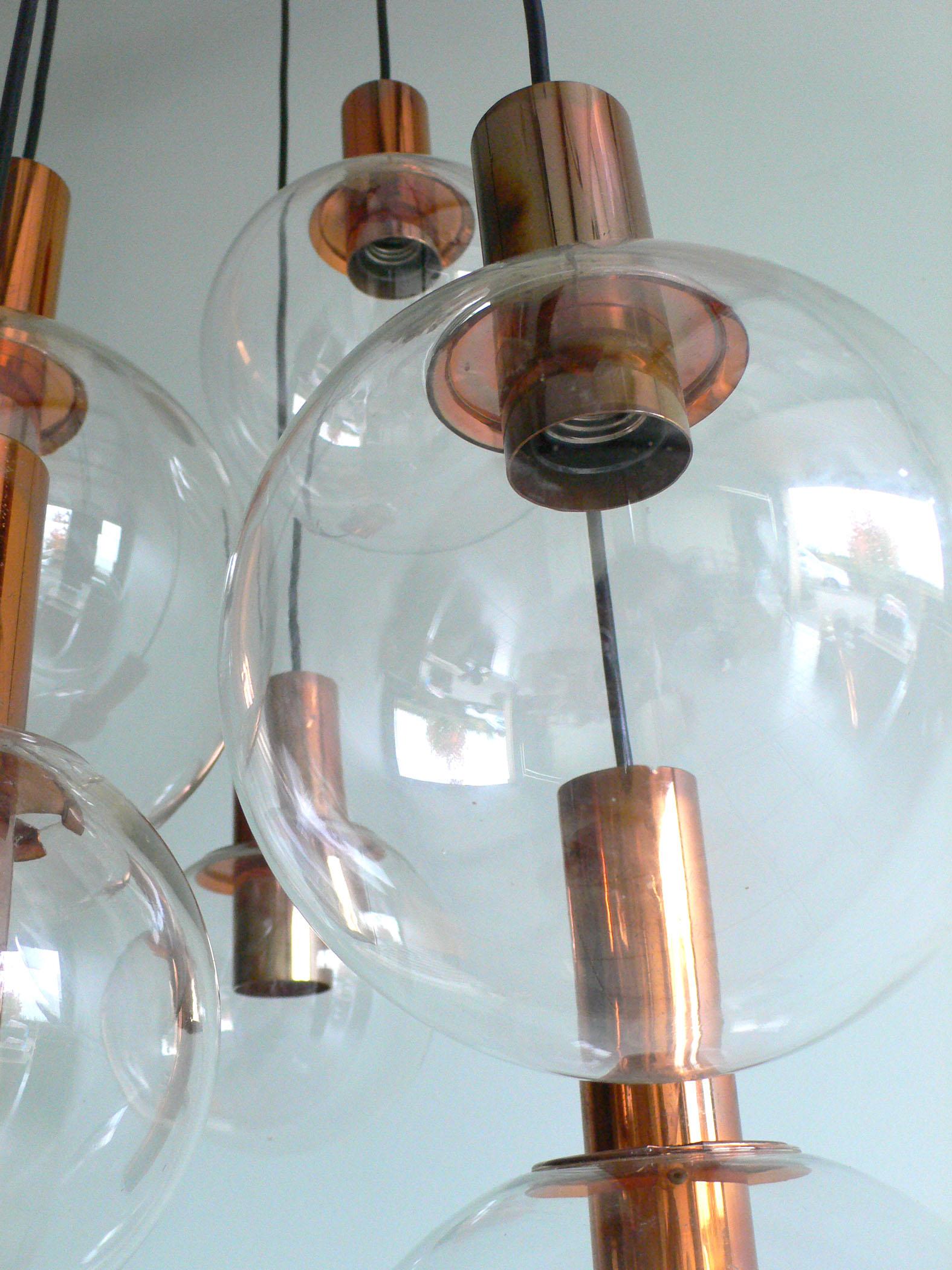 MCM RAAK Design 1960's Copper & Glass Pendant Lamp Large Chandelier For Sale 3