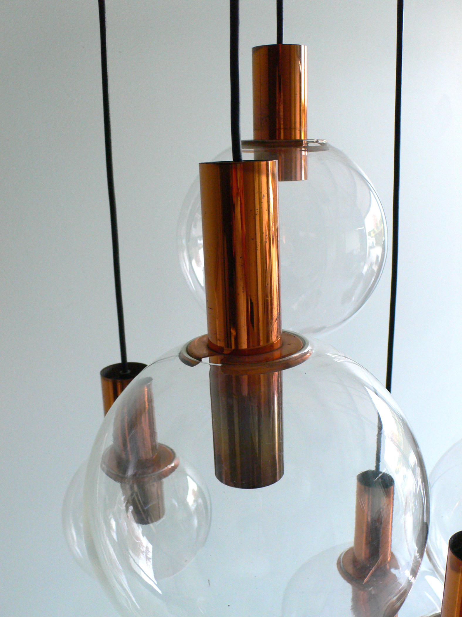 MCM RAAK Design 1960's Copper & Glass Pendant Lamp Large Chandelier For Sale 4