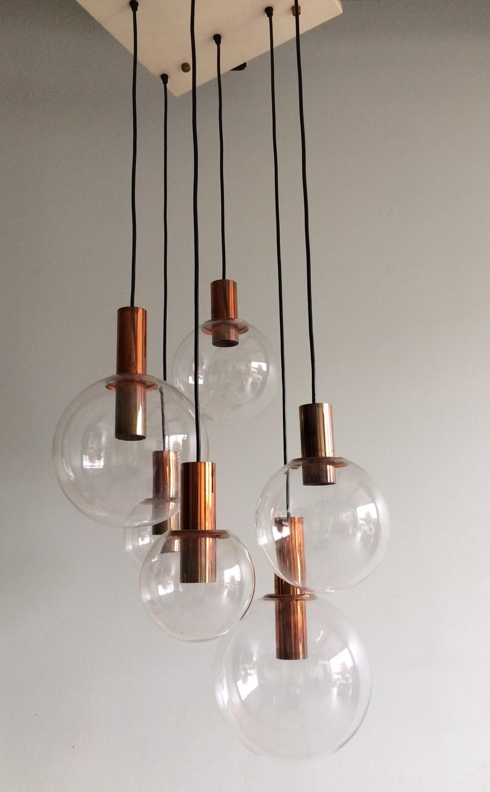 MCM RAAK Design 1960's Copper & Glass Pendant Lamp Large Chandelier For Sale 8