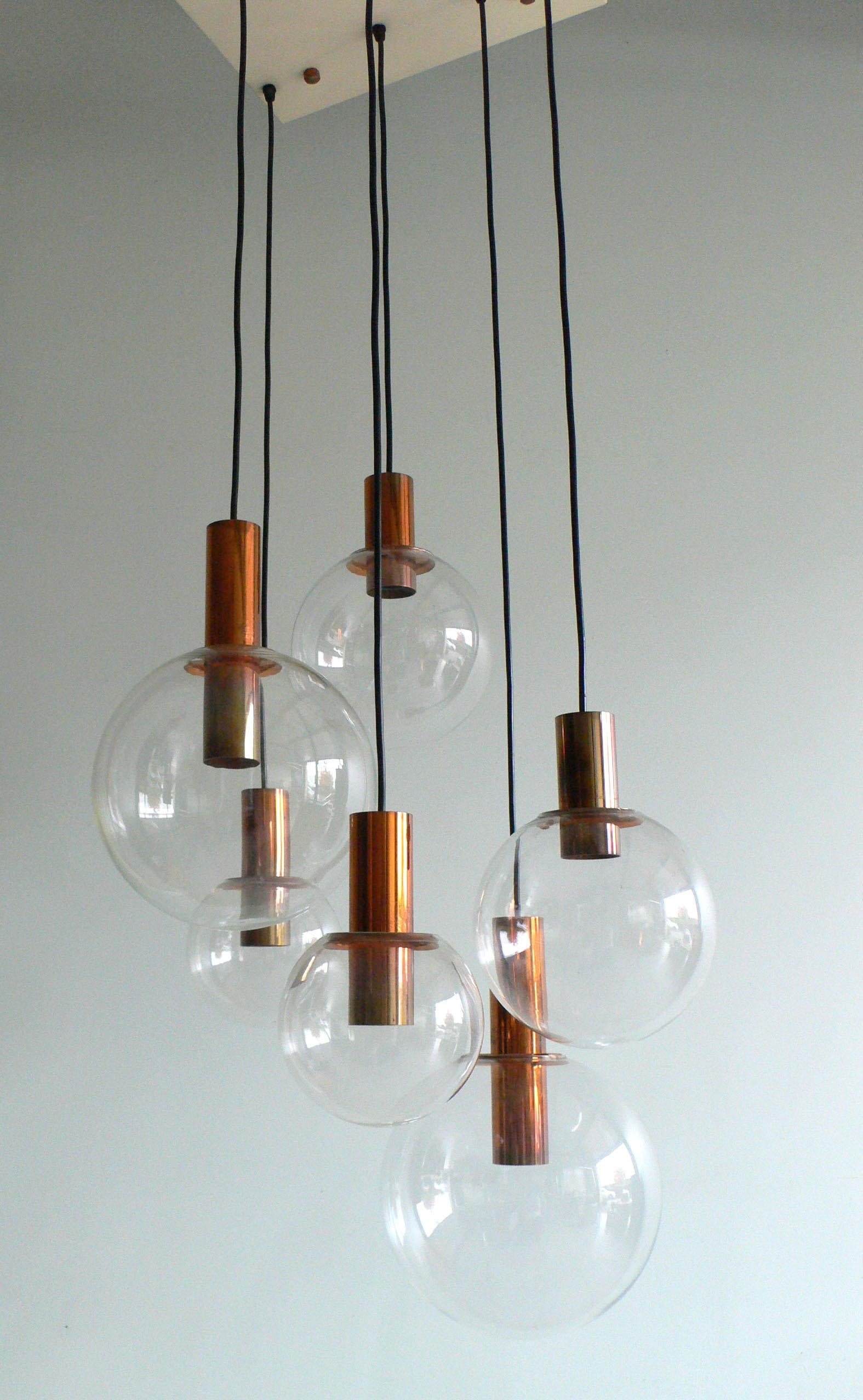 Dutch MCM RAAK Design 1960's Copper & Glass Pendant Lamp Large Chandelier For Sale