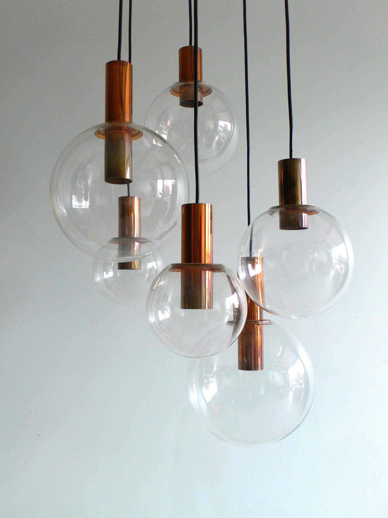 Mid-20th Century MCM RAAK Design 1960's Copper & Glass Pendant Lamp Large Chandelier For Sale
