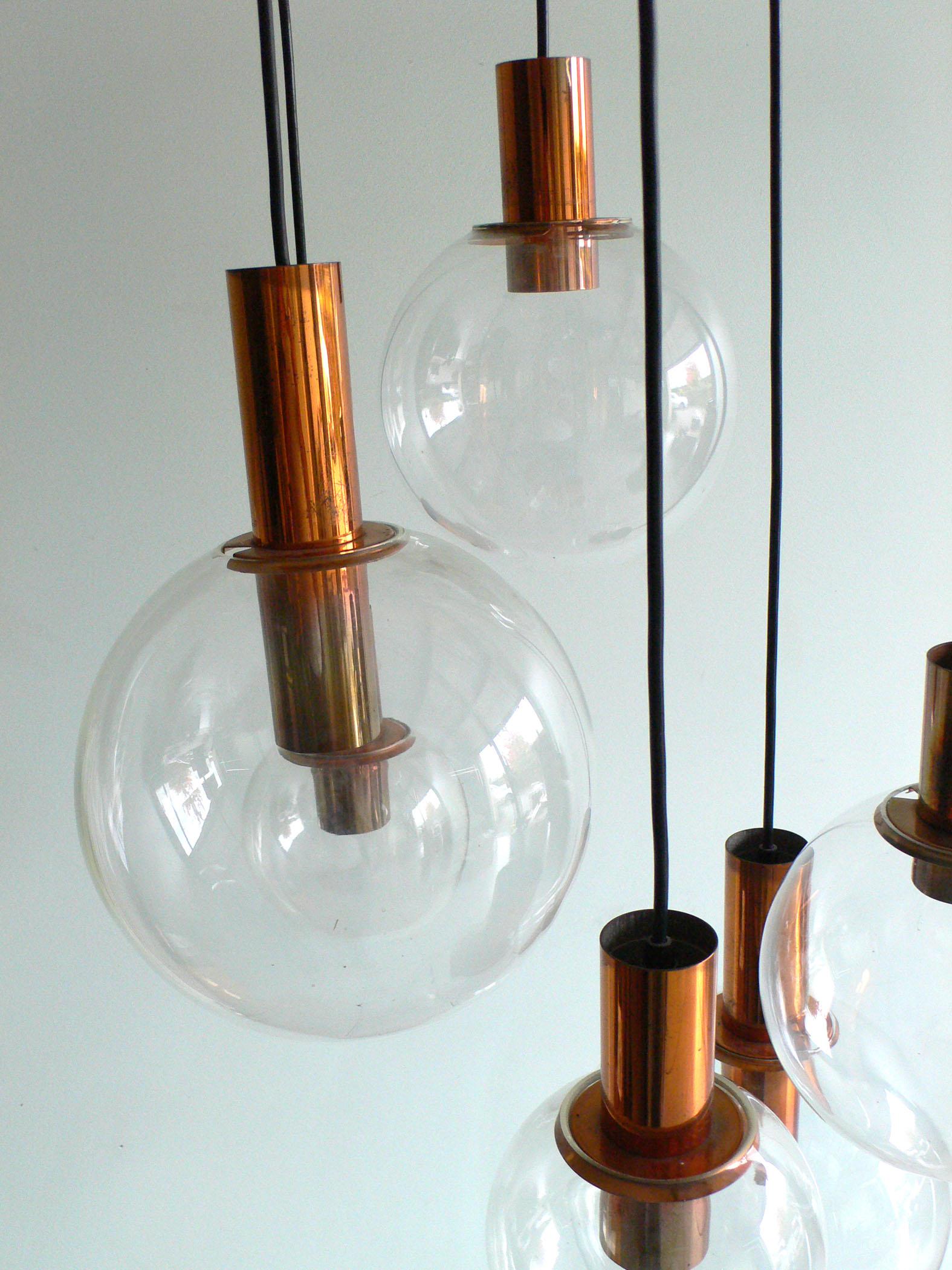 Metal MCM RAAK Design 1960's Copper & Glass Pendant Lamp Large Chandelier For Sale