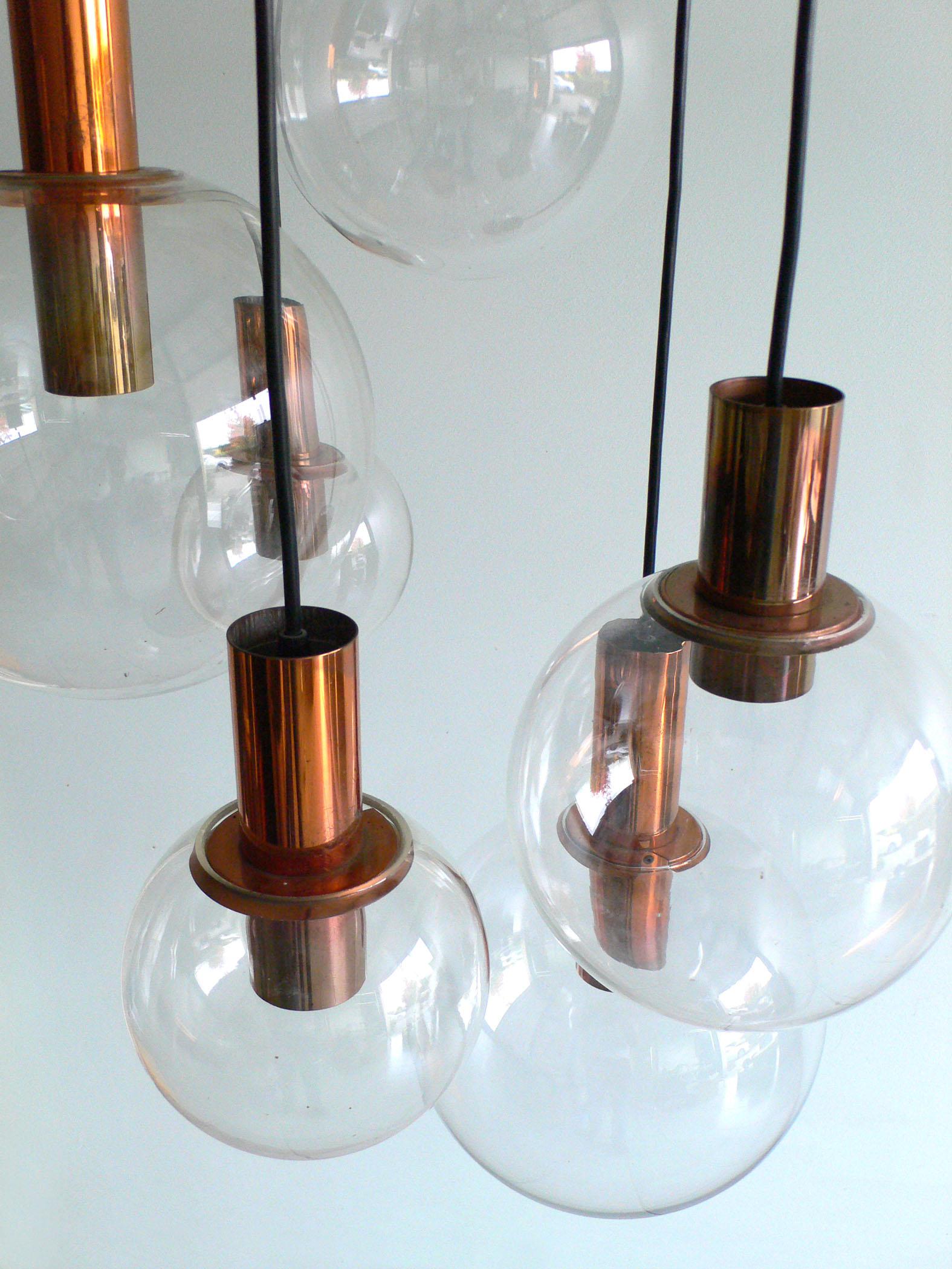 MCM RAAK Design 1960's Copper & Glass Pendant Lamp Large Chandelier For Sale 1