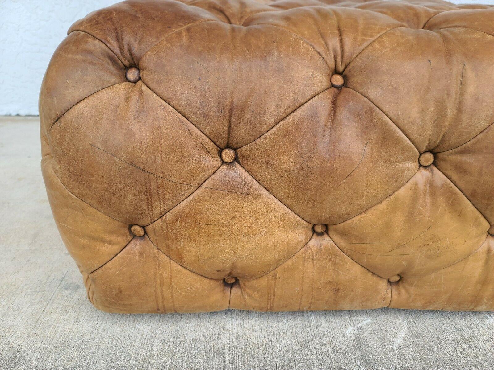 MCM Ralph Lauren Style Tufted Saddle Leather Ottoman Table Pouf In Good Condition In Lake Worth, FL