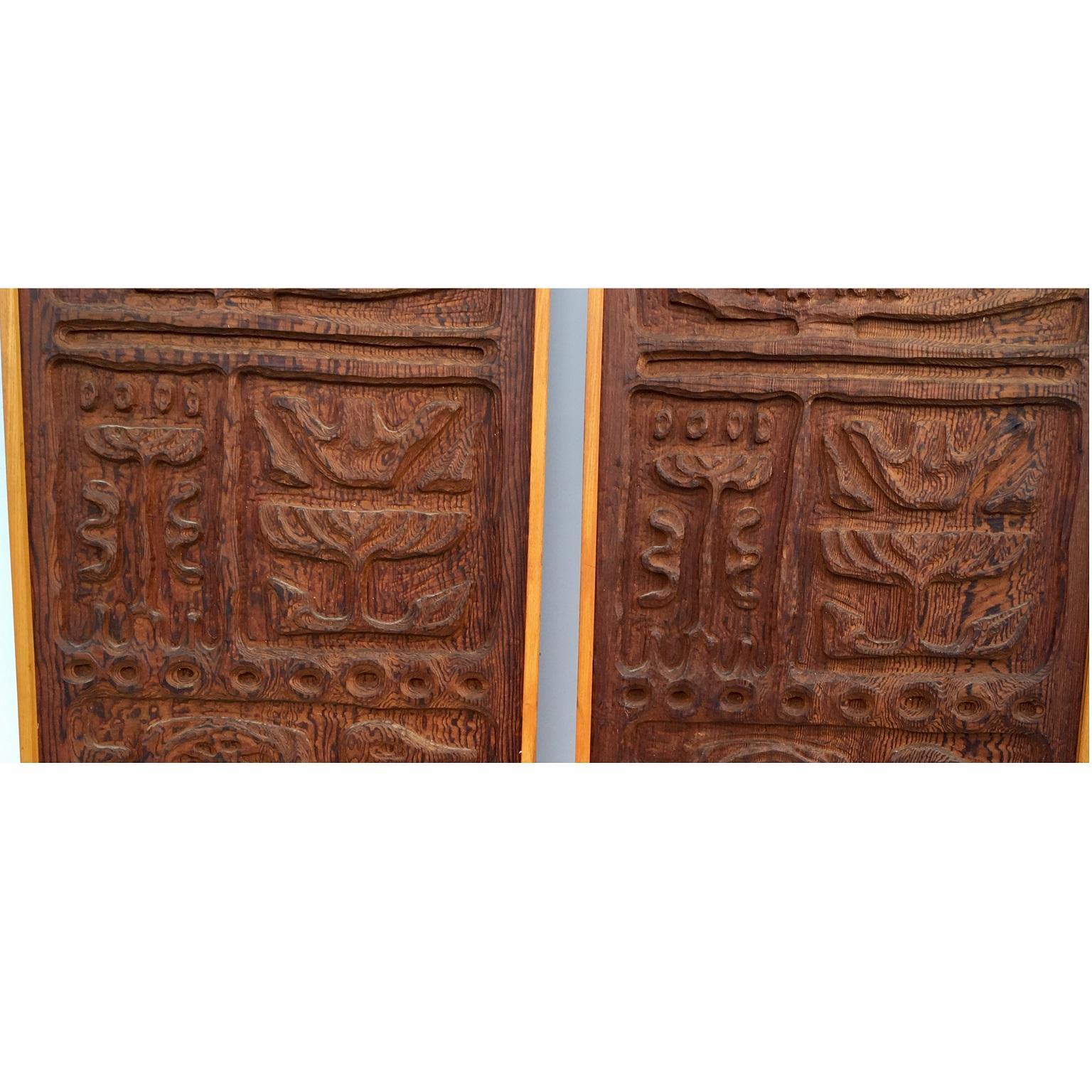 Mid-20th Century Mcm Rare Pair of Evelyn Ackerman Wood Carved Panels for Panelcarve Evie’s Birds