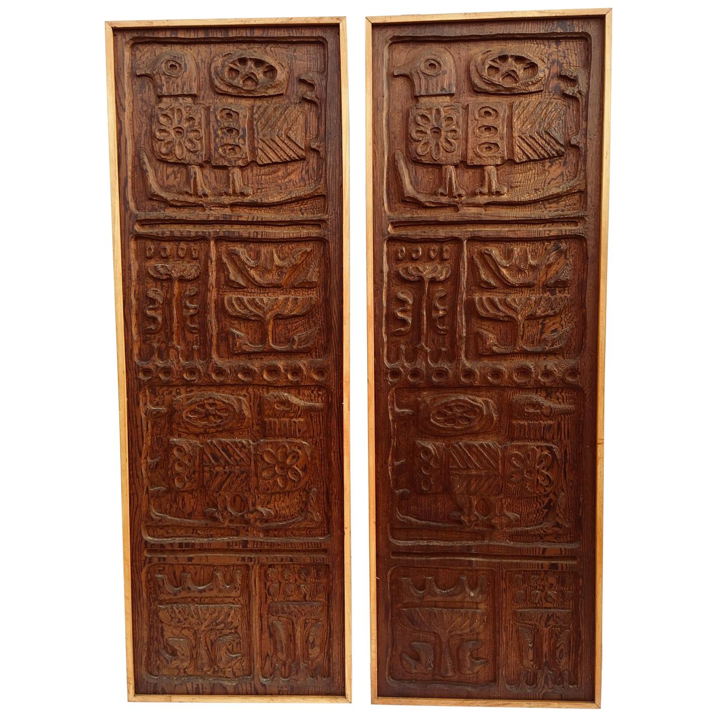 Mcm Rare Pair of Evelyn Ackerman Wood Carved Panels for Panelcarve Evie�’s Birds