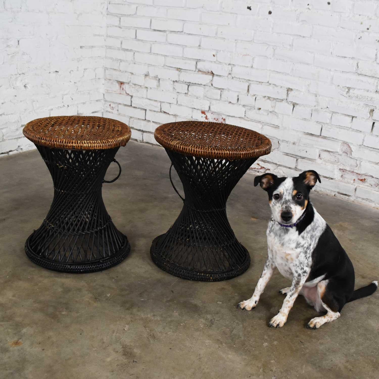 MCM Rattan and Cane Cinched Waist Side Accent End Tables or Low Stools a Pair 4