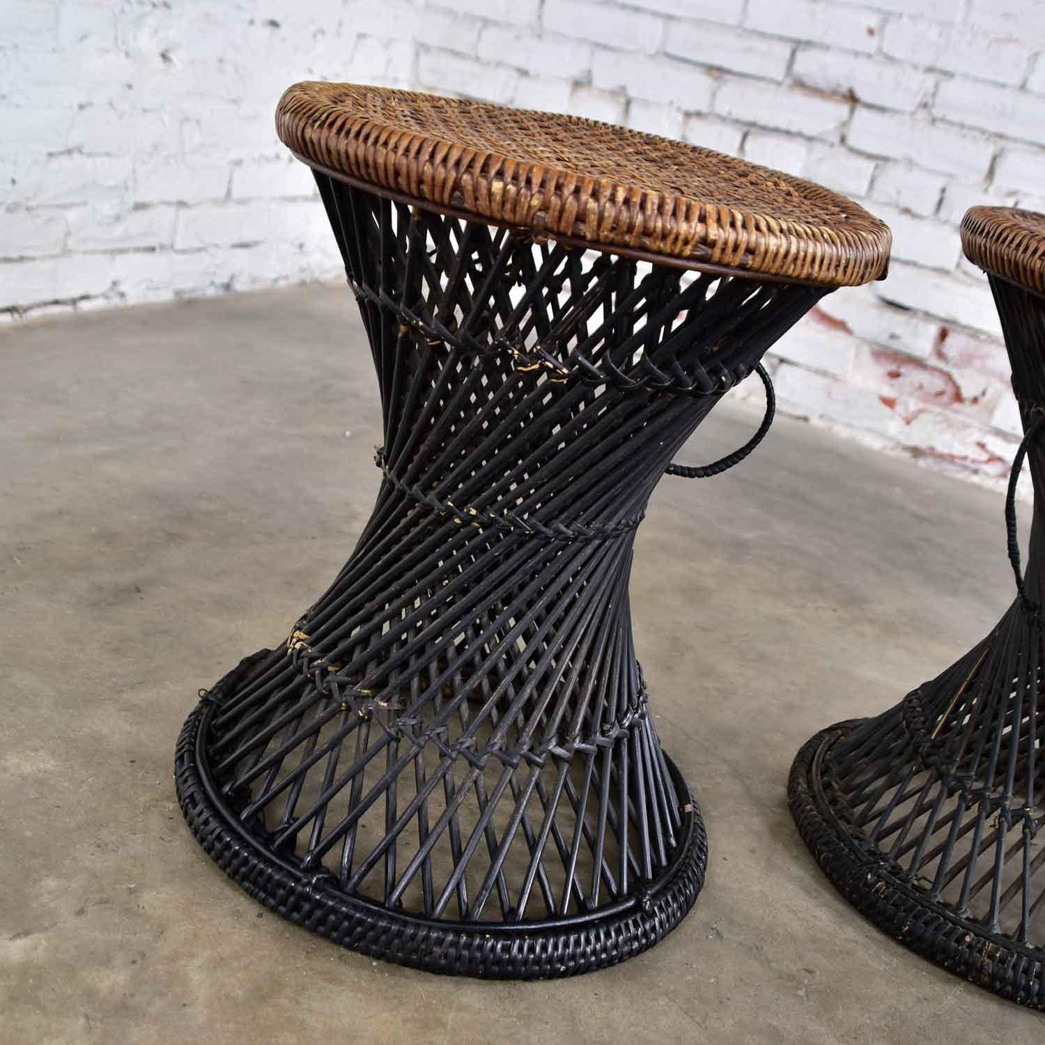 Mid-Century Modern MCM Rattan and Cane Cinched Waist Side Accent End Tables or Low Stools a Pair