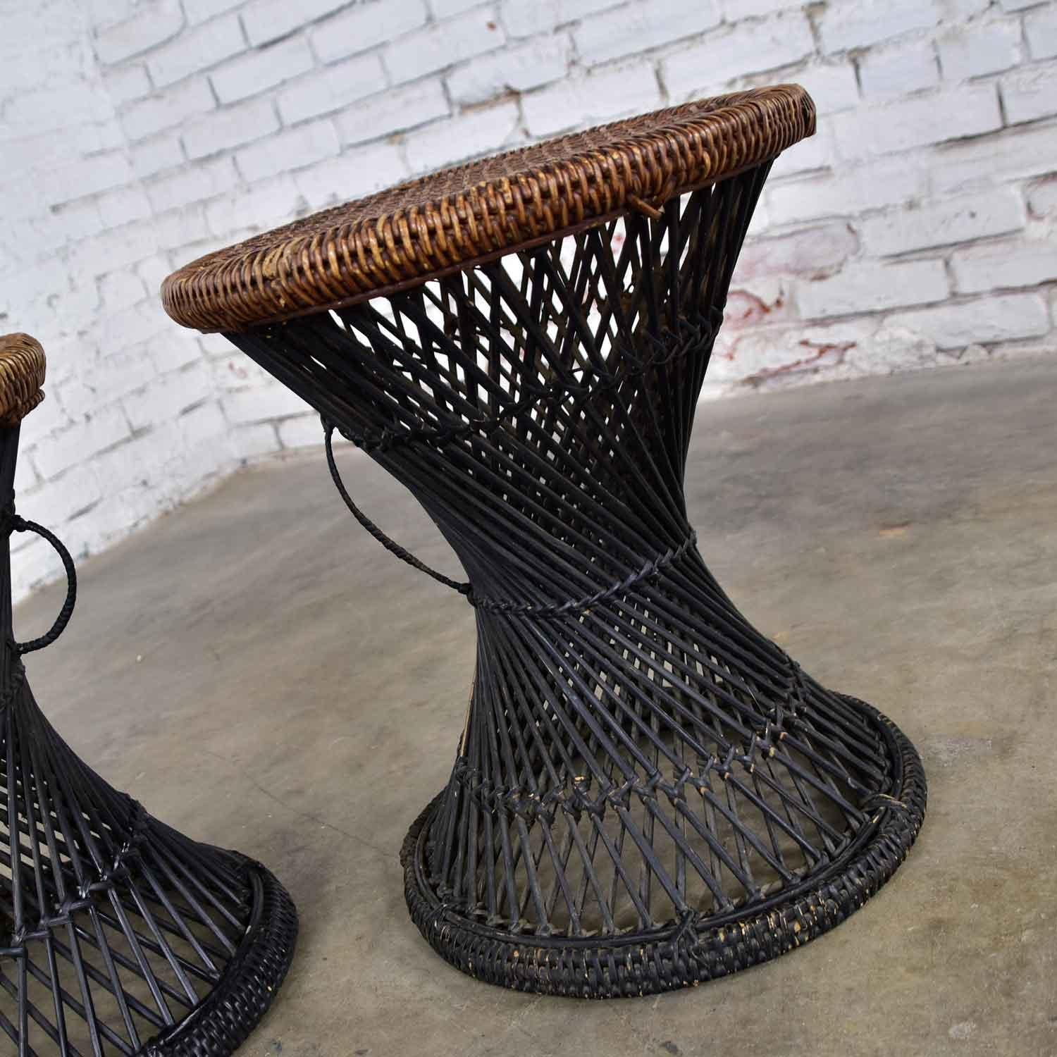 Unknown MCM Rattan and Cane Cinched Waist Side Accent End Tables or Low Stools a Pair