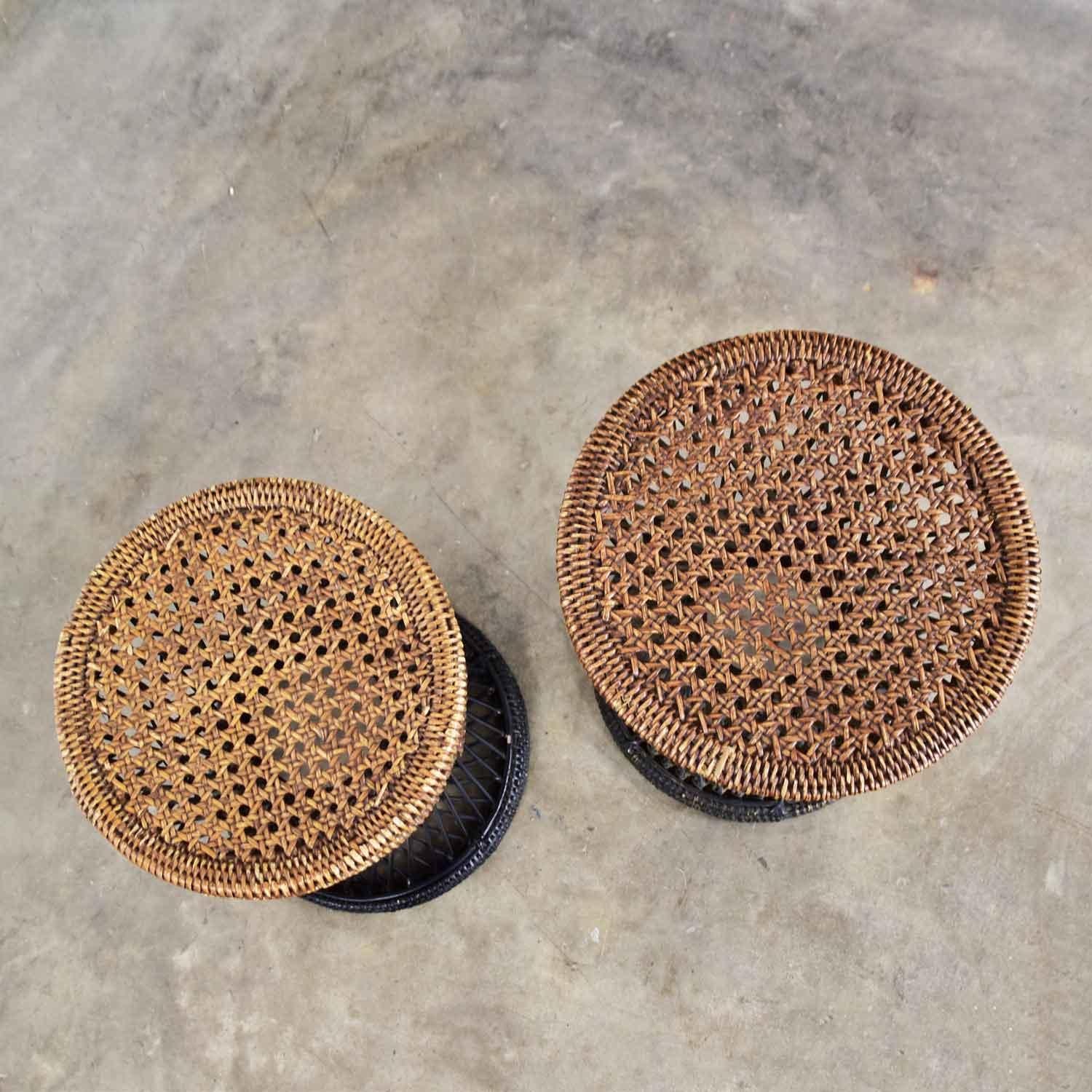 MCM Rattan and Cane Cinched Waist Side Accent End Tables or Low Stools a Pair In Good Condition In Topeka, KS