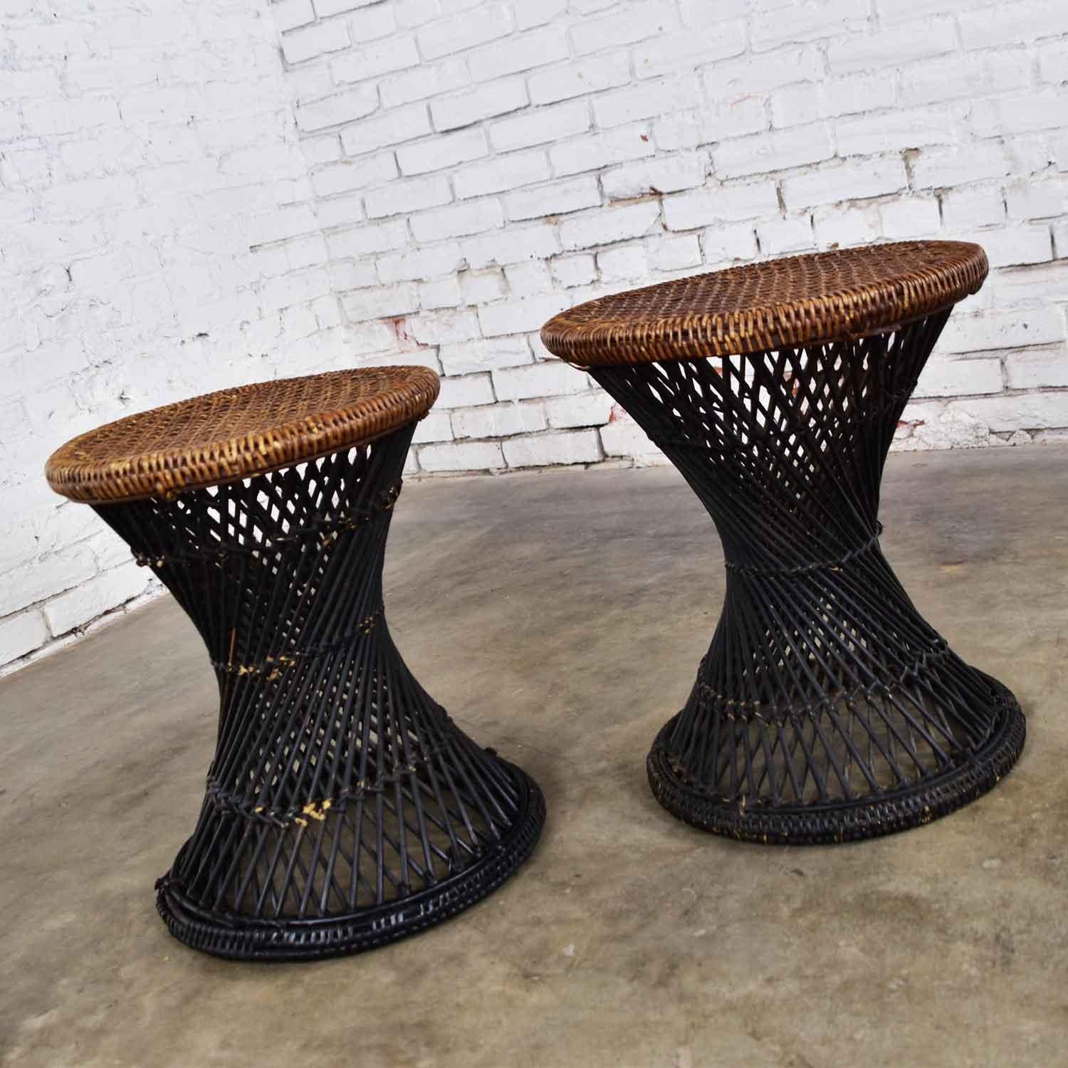 20th Century MCM Rattan and Cane Cinched Waist Side Accent End Tables or Low Stools a Pair