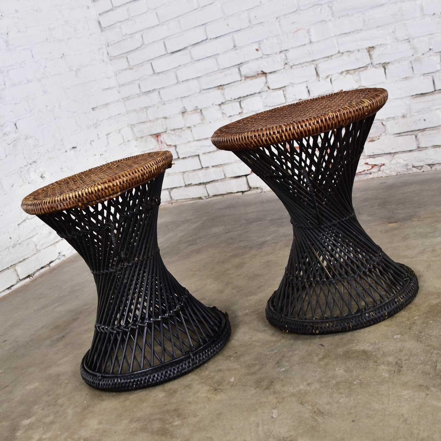MCM Rattan and Cane Cinched Waist Side Accent End Tables or Low Stools a Pair 2