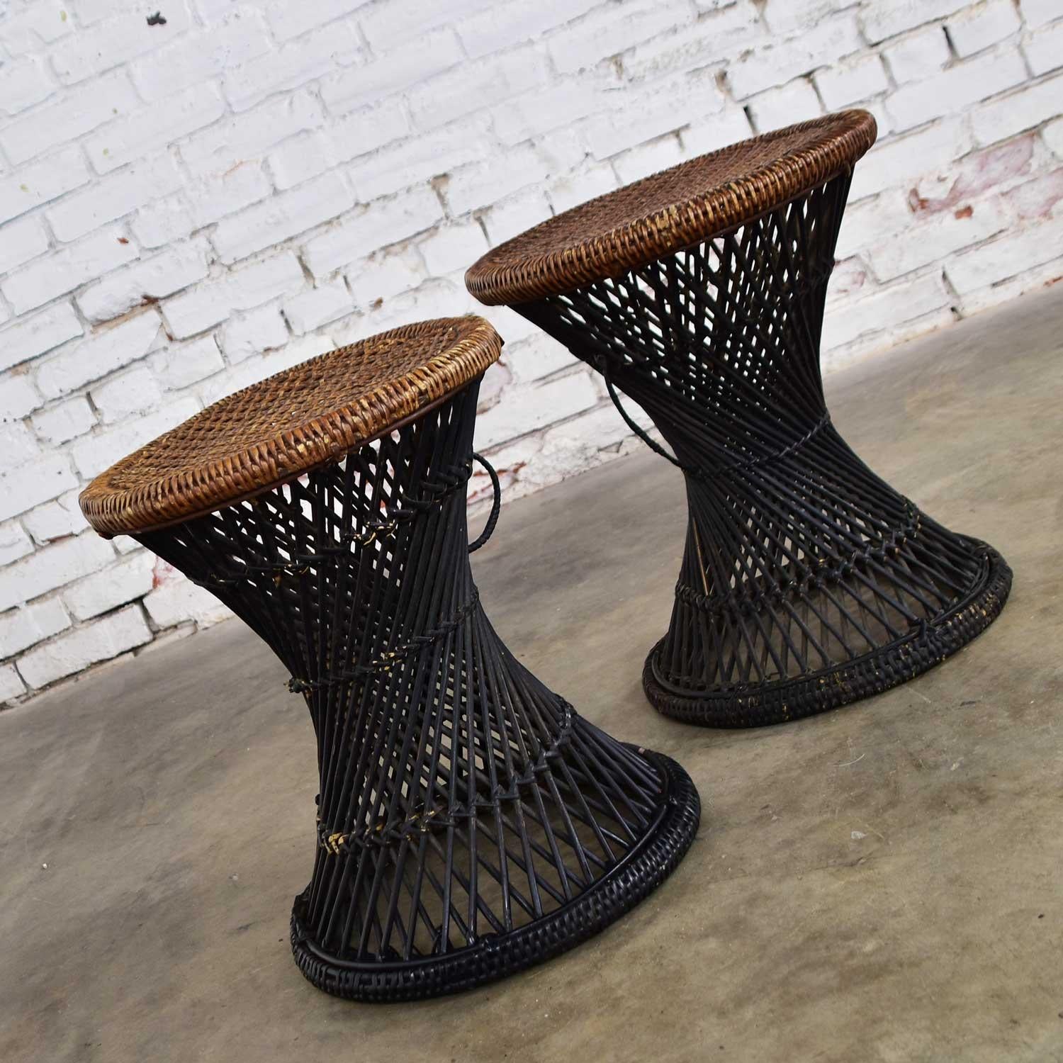 MCM Rattan and Cane Cinched Waist Side Accent End Tables or Low Stools a Pair 3