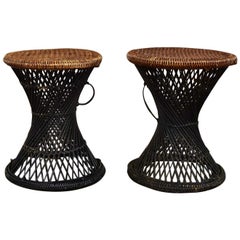 Used MCM Rattan and Cane Cinched Waist Side Accent End Tables or Low Stools a Pair