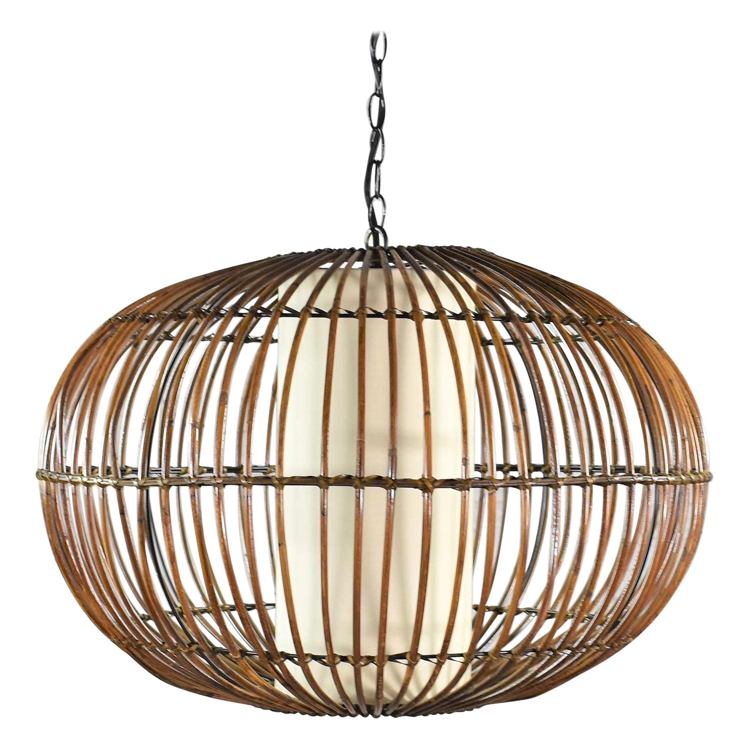 MCM Rattan Cage Pendant Chandelier with Interior Shade after Franco Albini