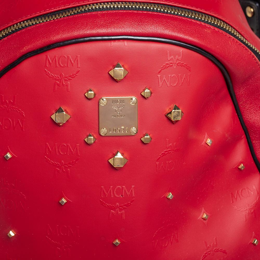 MCM Red Coated Canvas and Leather Stud Embellished Stark Backpack 2