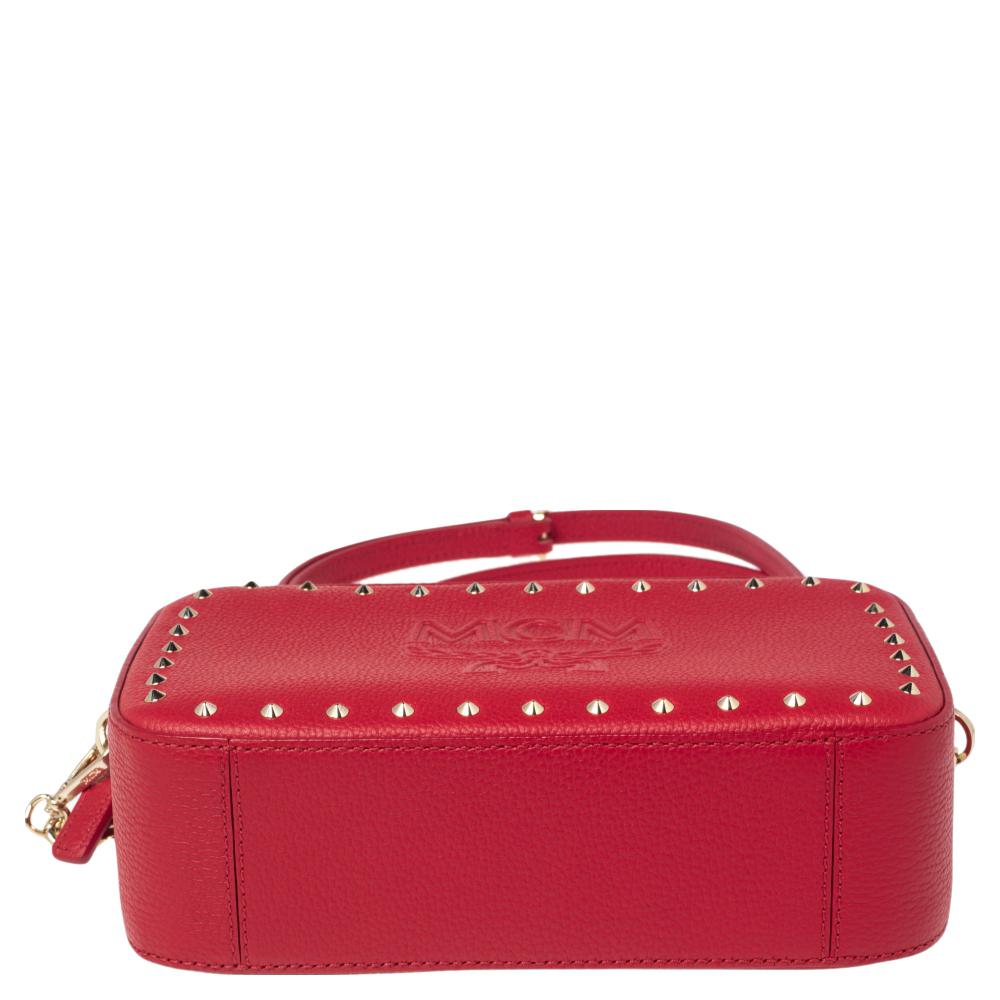 MCM Red Leather Chanswell Studded Camera Bag 4