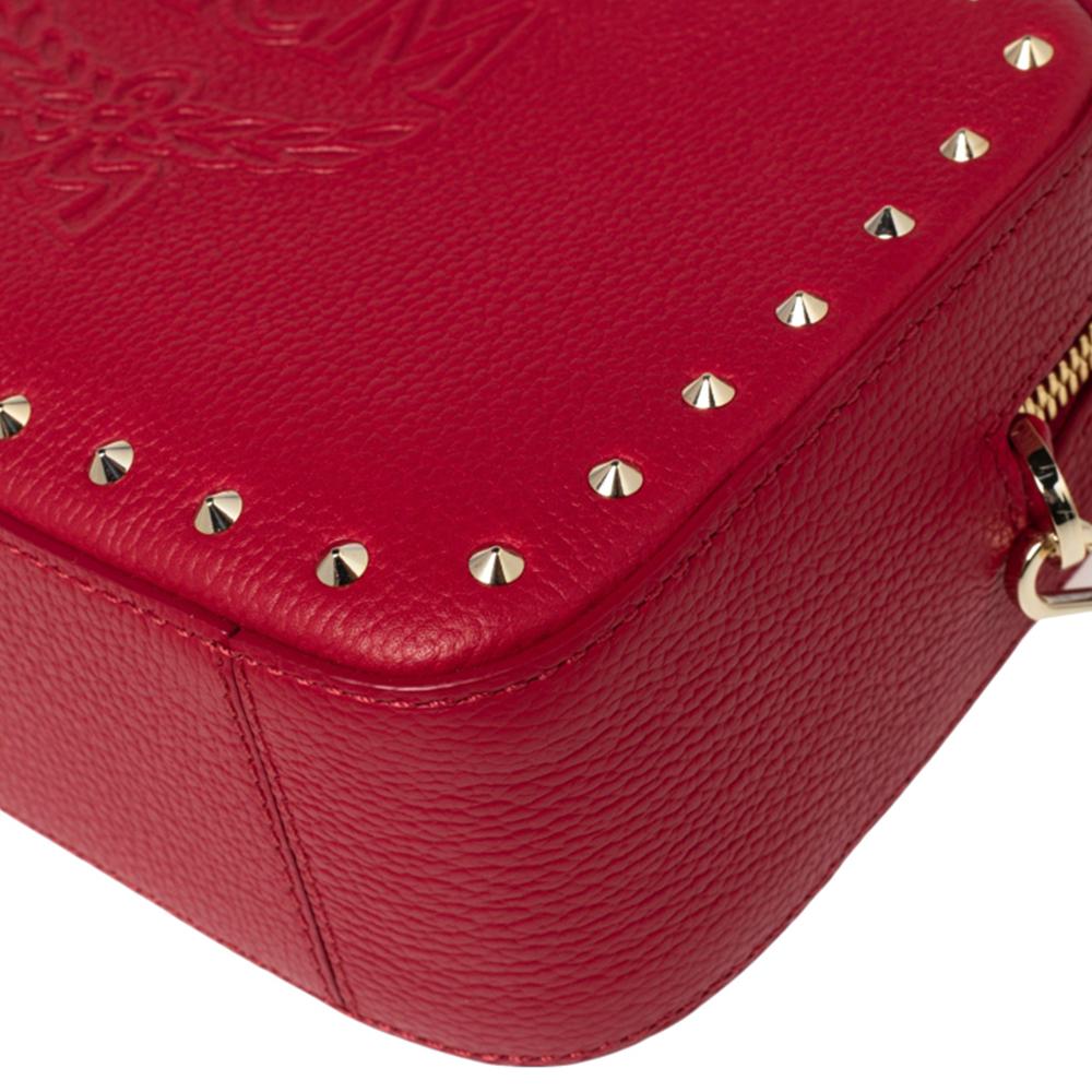 MCM Red Leather Chanswell Studded Camera Bag In Good Condition In Dubai, Al Qouz 2
