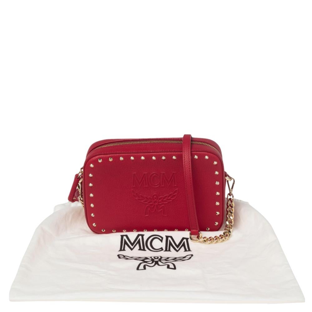 Women's MCM Red Leather Chanswell Studded Camera Bag
