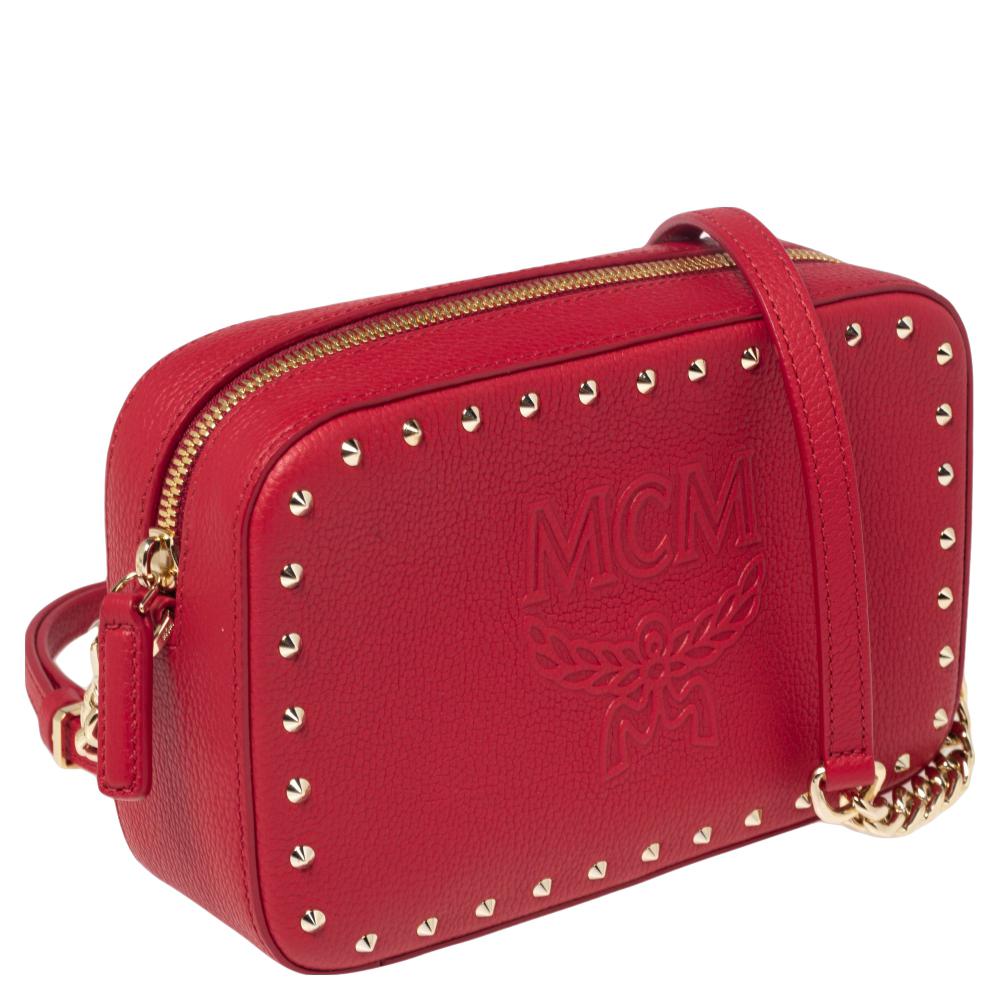 MCM Red Leather Chanswell Studded Camera Bag 2