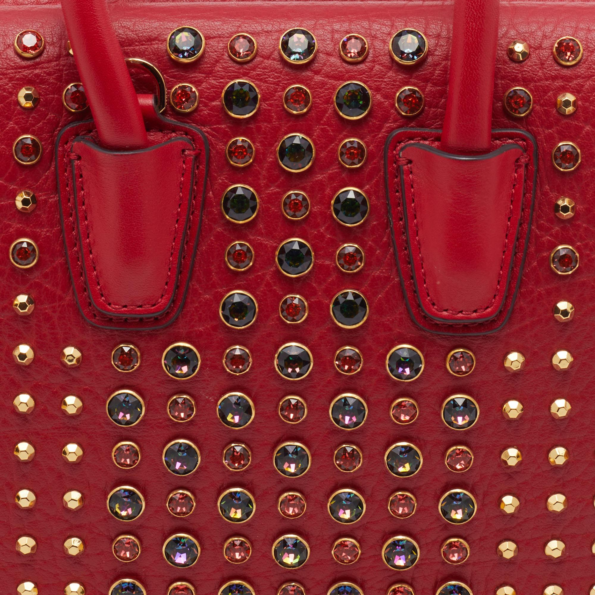 MCM Red Leather Crystal Embellished Milla Satchel 5