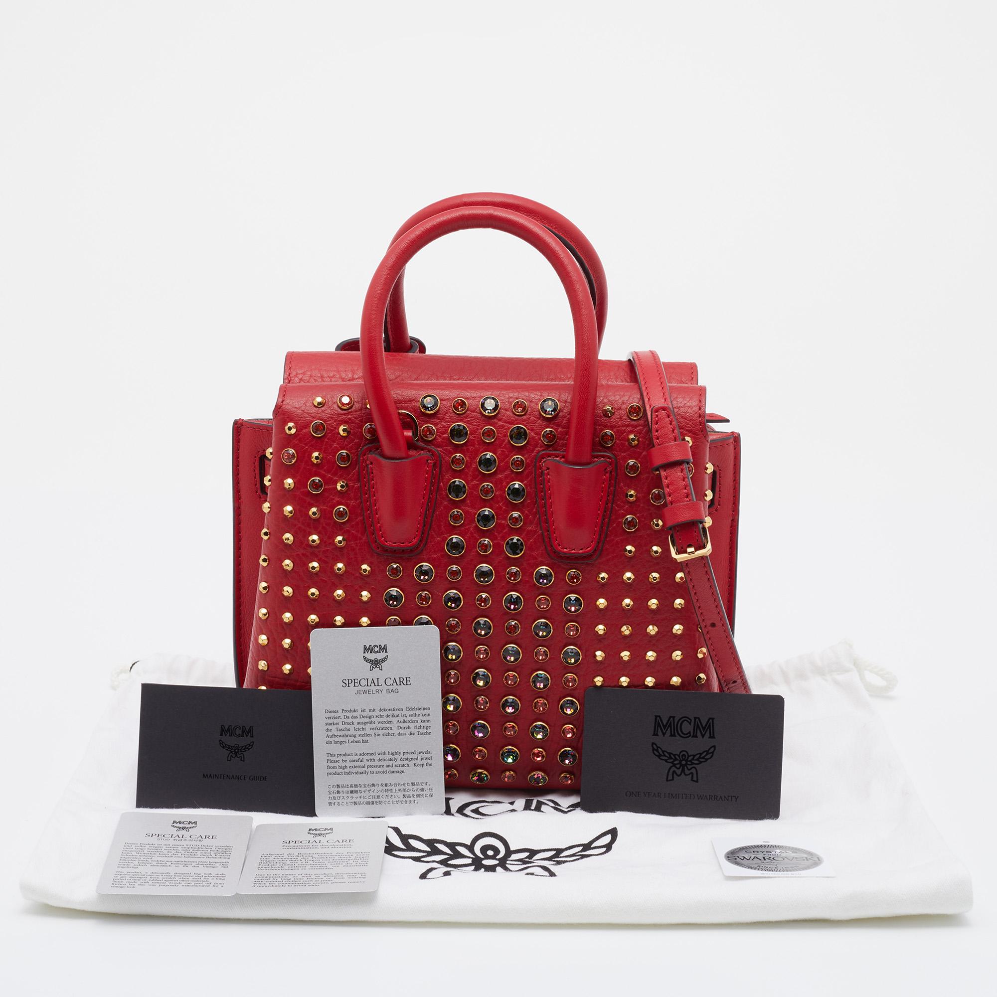 MCM Red Leather Crystal Embellished Milla Satchel 6