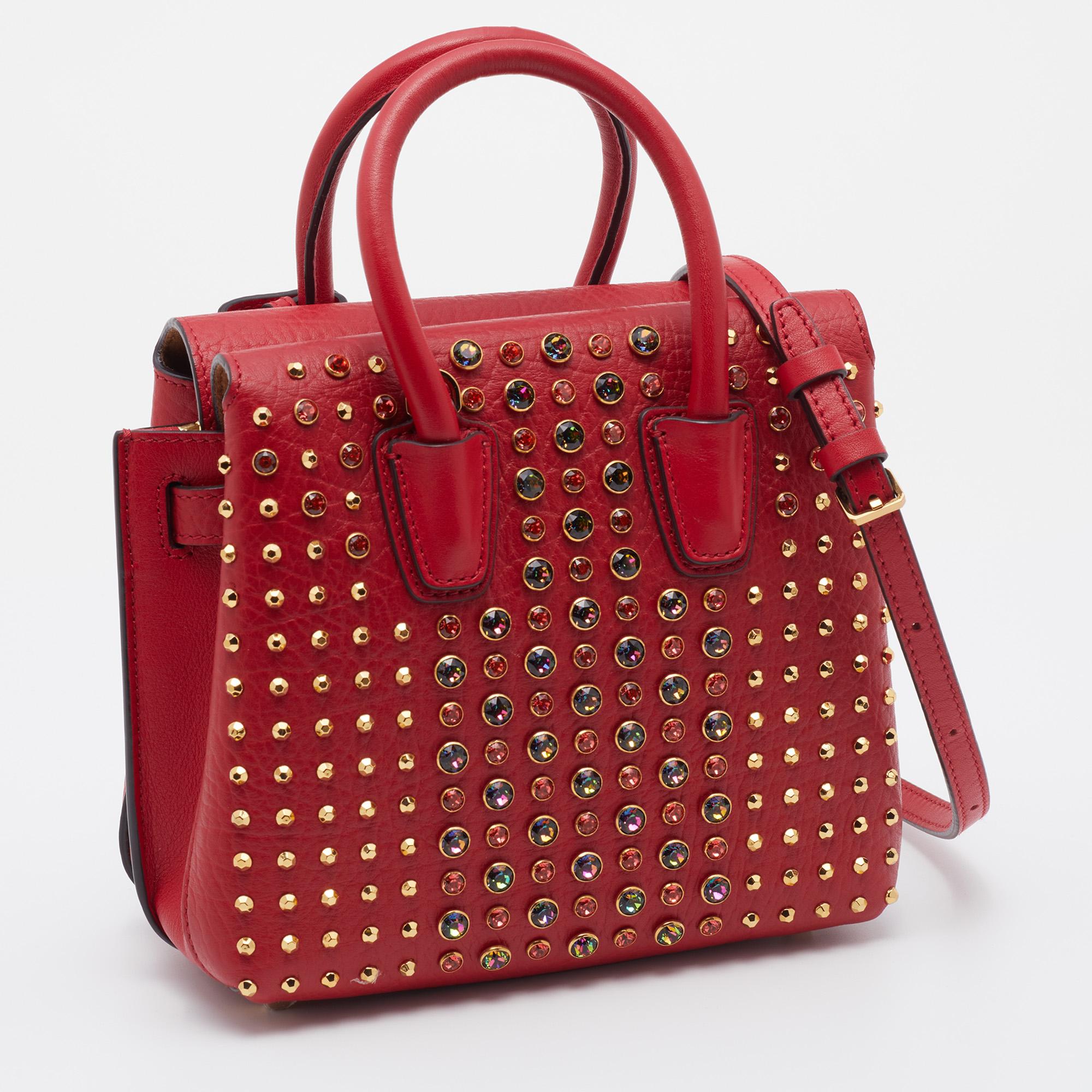MCM Red Leather Crystal Embellished Milla Satchel In New Condition In Dubai, Al Qouz 2