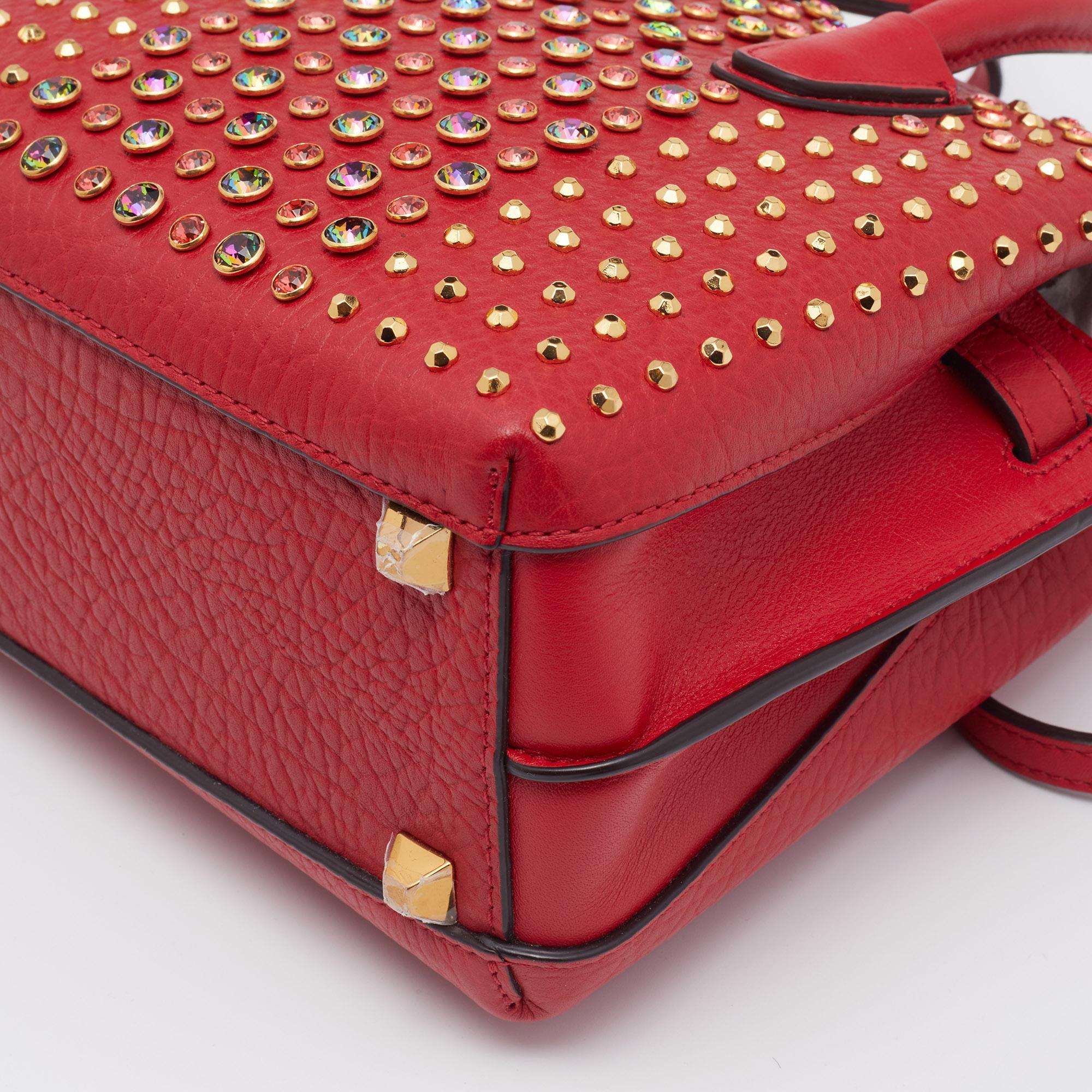 MCM Red Leather Crystal Embellished Milla Satchel 2
