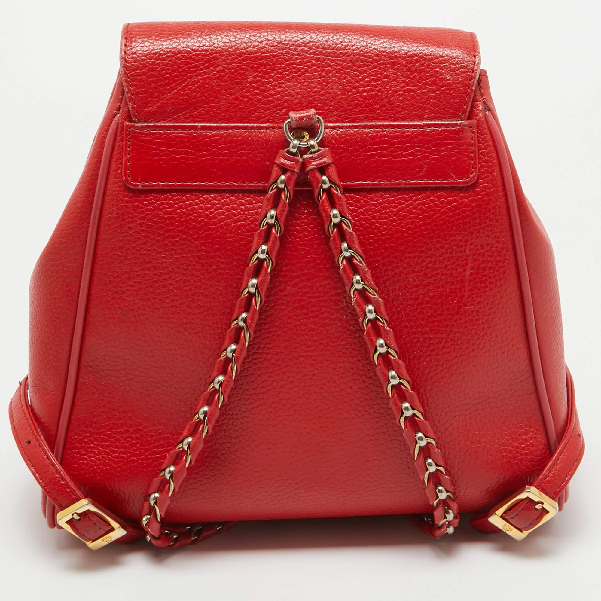 Women's MCM Red Leather Studded Flap Backpack For Sale