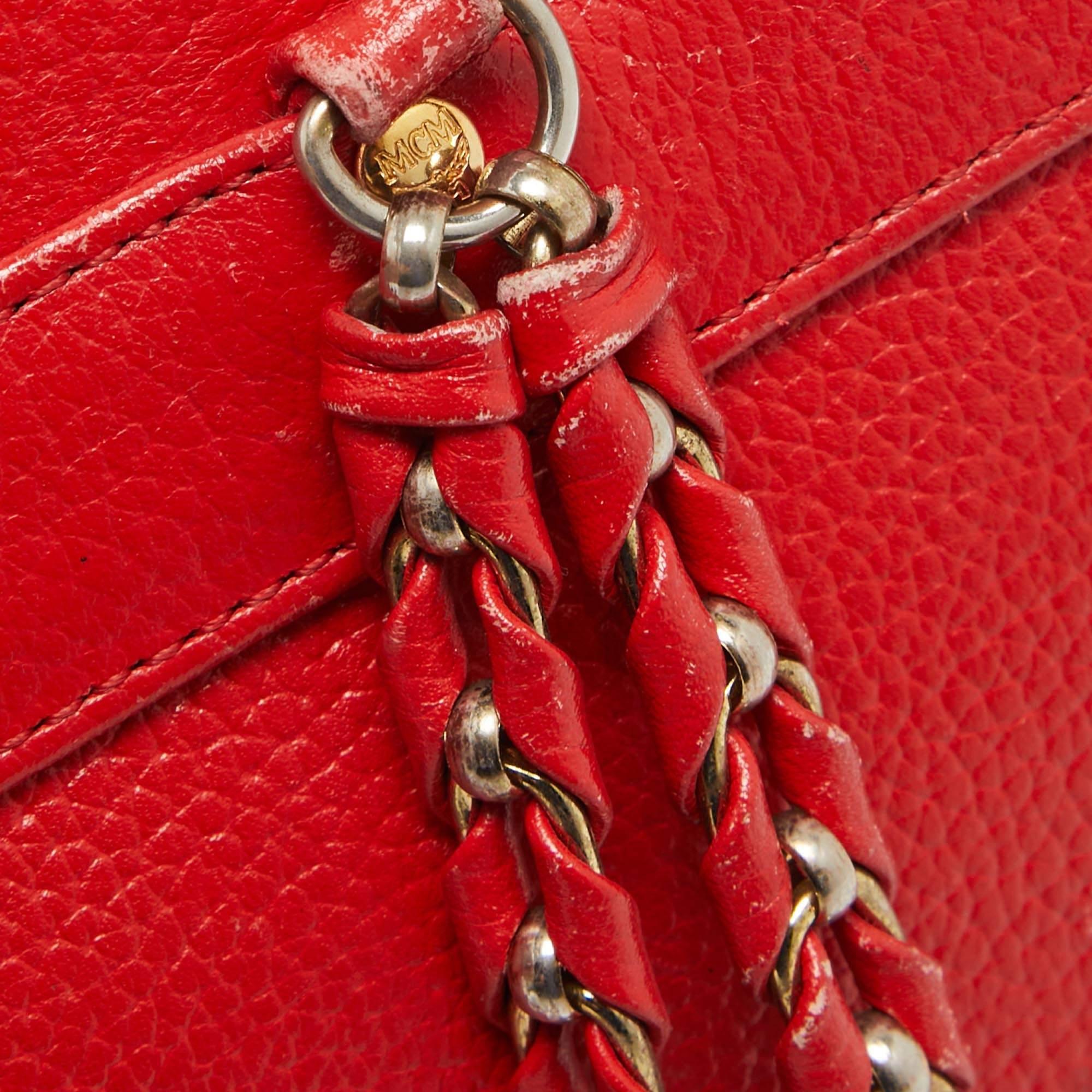 MCM Red Leather Studded Flap Backpack For Sale 2