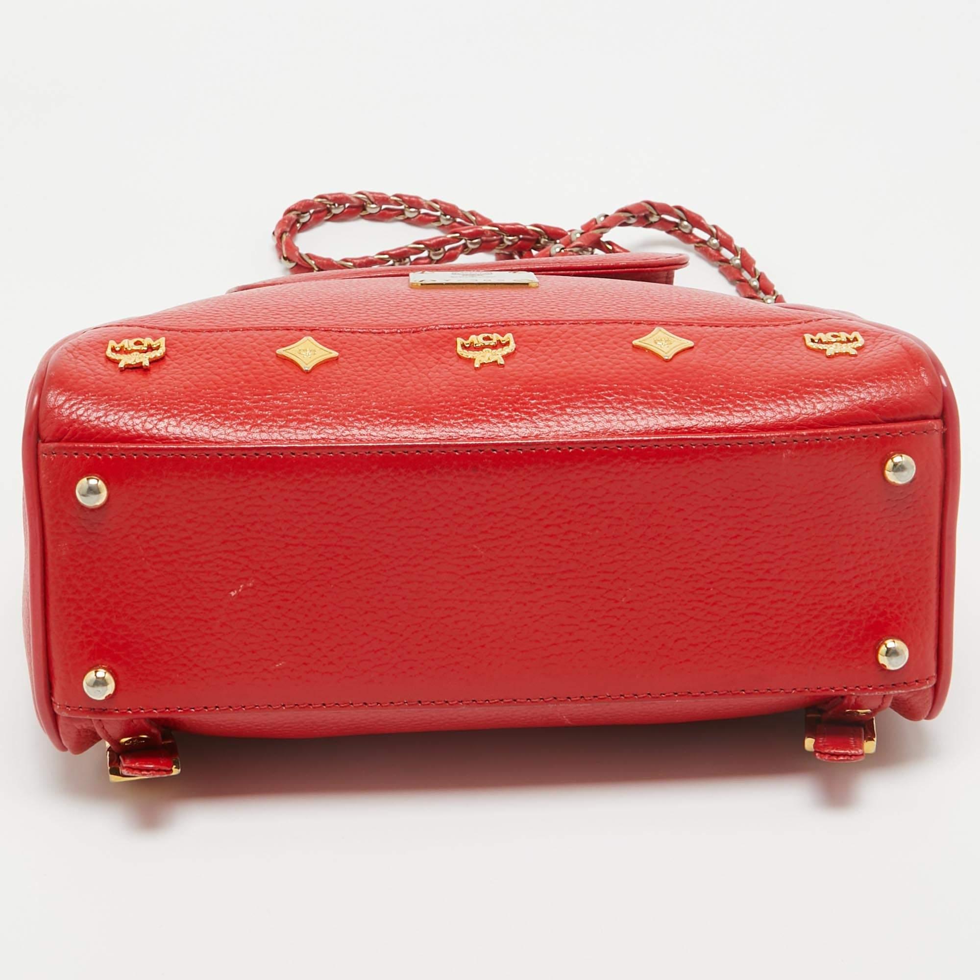 MCM Red Leather Studded Flap Backpack For Sale 5